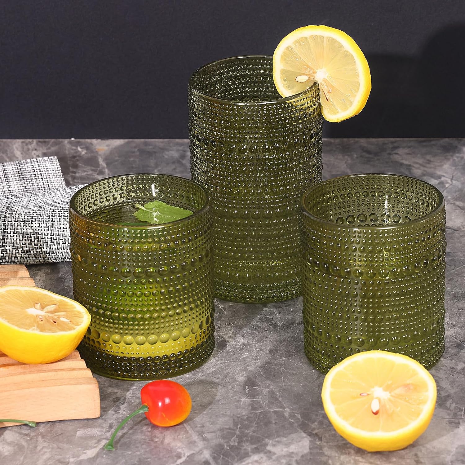 Moretoes Hobnail Drinking Glasses Set of 12, 12 Oz Highball Glasses & 10 Oz Cocktail Glasses, Green Embossed Boho Glass Cups Kitchen Bar Tumbler Glassware Set for Whiskey, Beer, Juice, Milk - Image 4