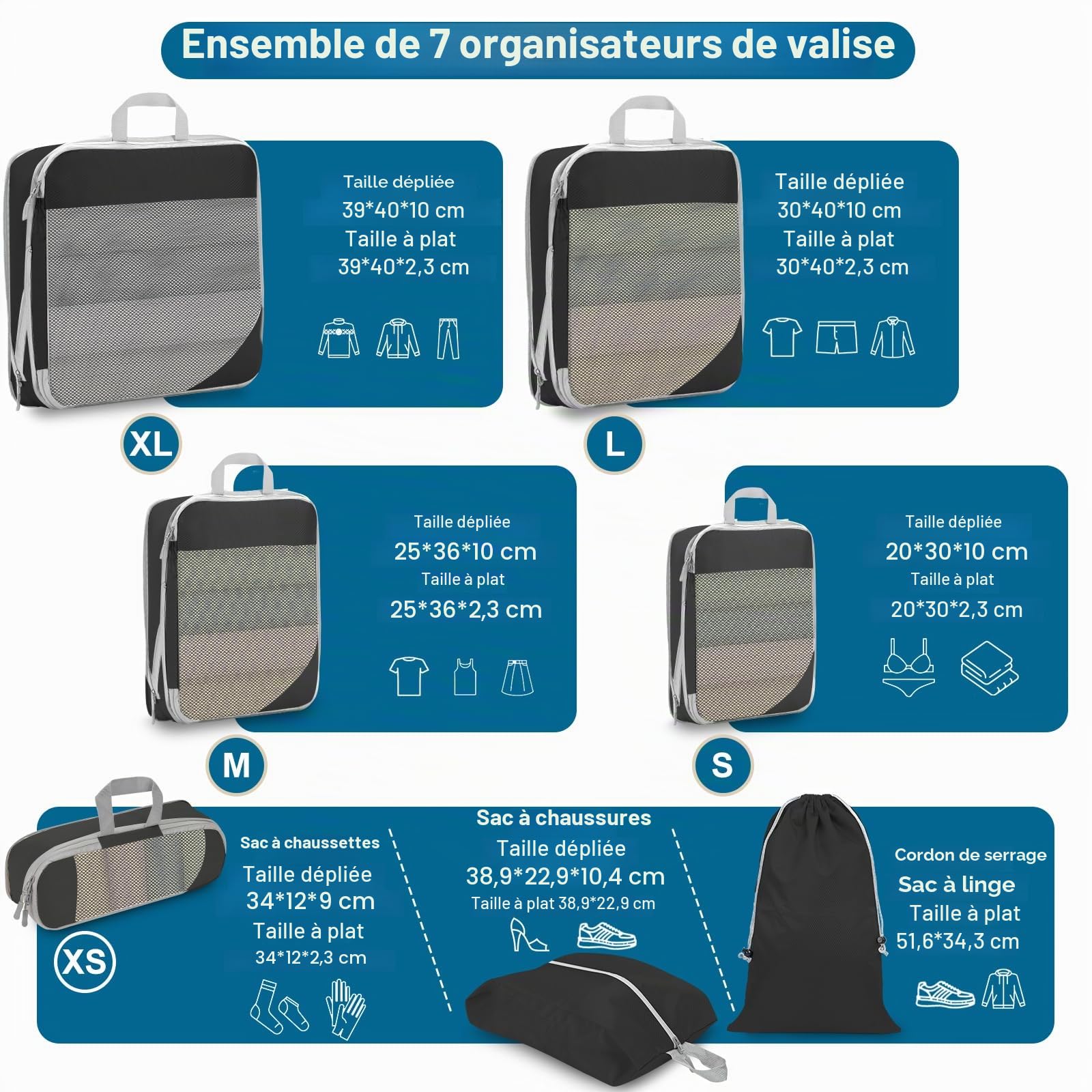 Cubes de rangement compressibles pour valises cabine Sacs de rangement pour bagages compressibles 7 pièces Sacs de rangement compressibles extensibles pour essentiels de voyage