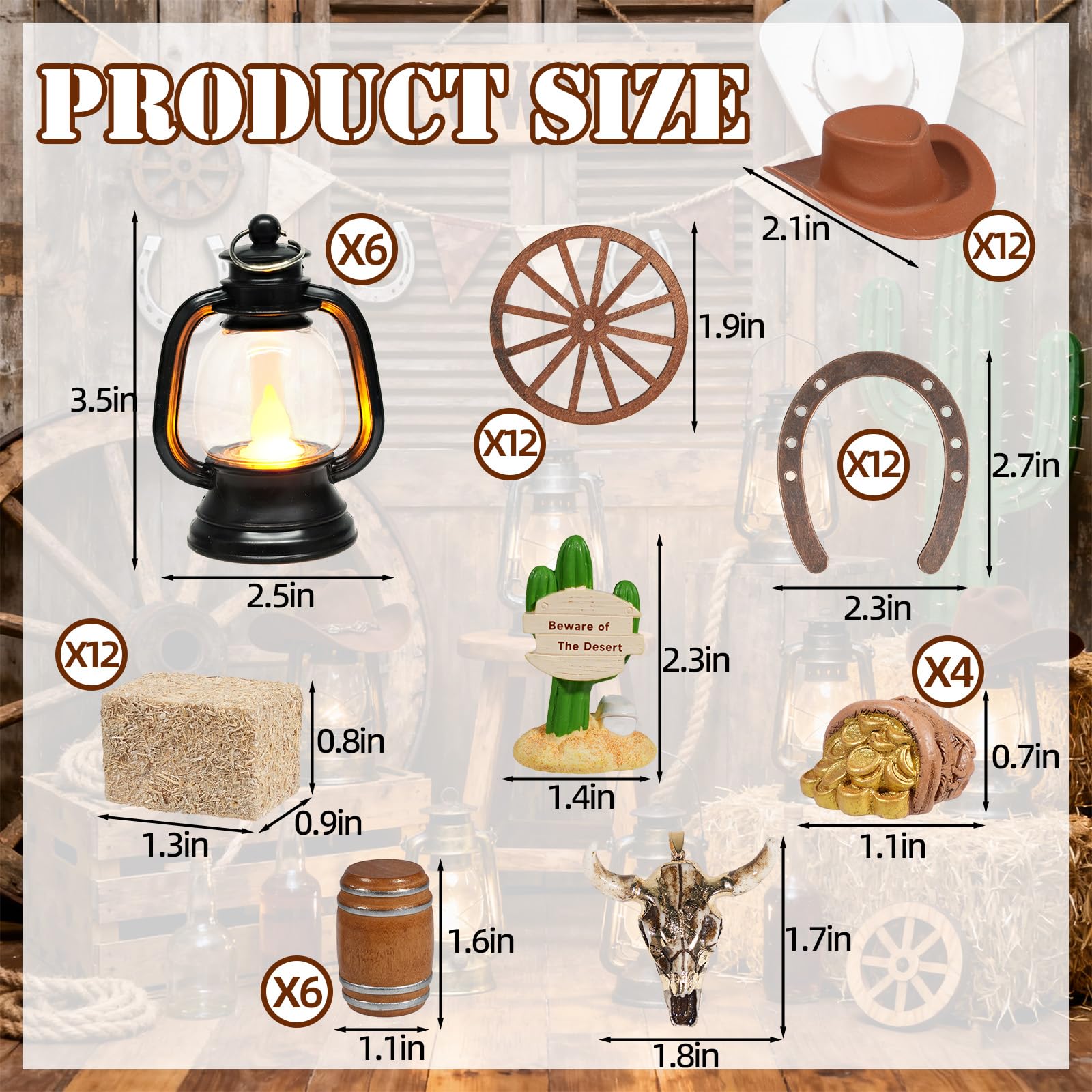 Exasinine Set di 60 decorazioni per feste a tema cowboy, mini cappello da cowboy, lanterna, ferro di cavallo, ruota di carro, balle di fieno, botti di vino, rustico, occidentale, decorazione per feste