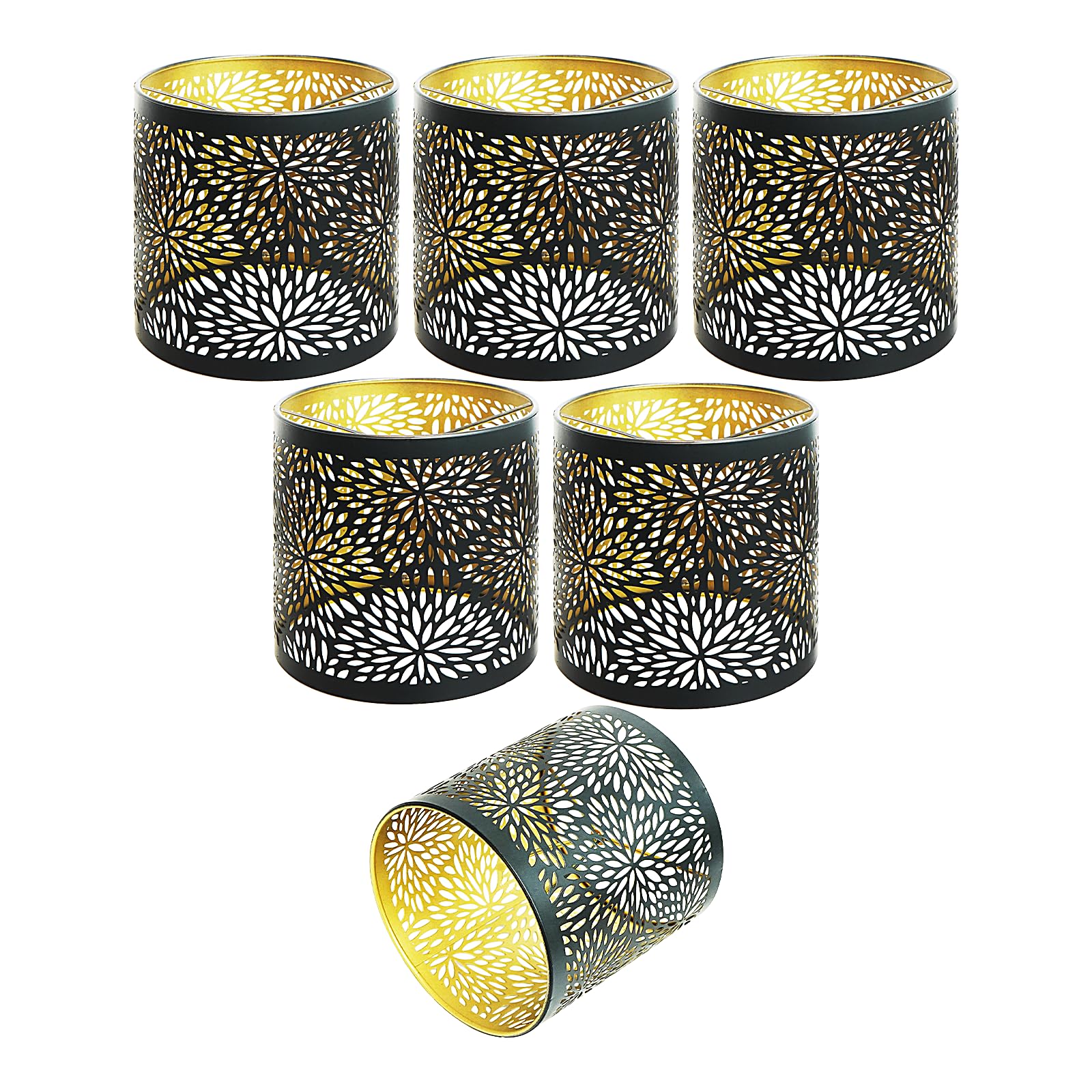 ALUCSET 6pcs Small Lamp Shades, Chandelier Shades Clip on Bulb, 5.1 x 5.1in Metal Lamp Shades Replacement, Mini Cylinder Lampshade, Black Gold Clip on Lamp Shade for Pendant Light Wall Sconces