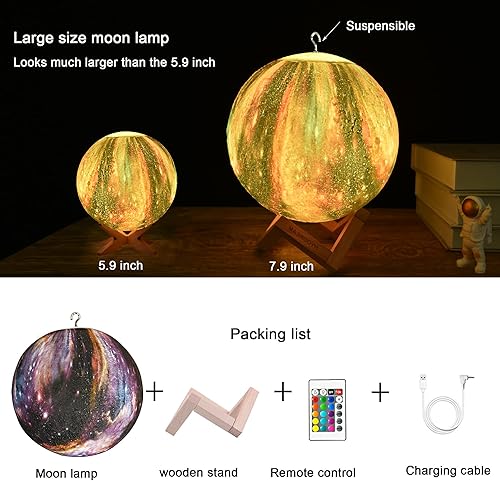 Miniatura 7 de Lámpara de luna grande de 7.9 pulgadas, luz nocturna de luna estrellada con toque y control remoto, 16 colores como lámpara de regalo para niños o