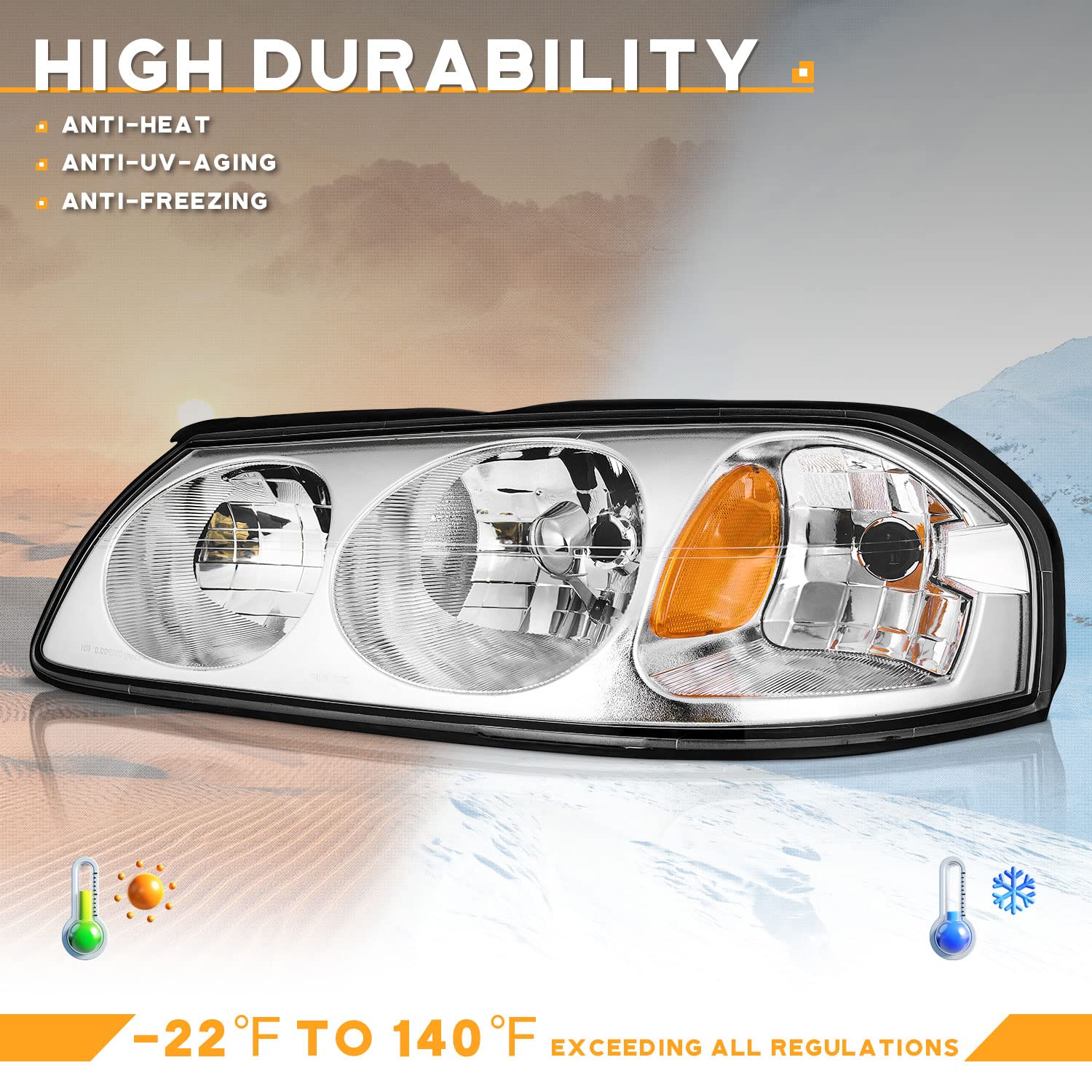 WEELMOTO For 00-05 2000 2001 2002 2003 2004 2005 Chevy Impala Headlights Assembly,For 2000-2005 Chevy Impala Headlight Assembly Headlamp Replacement with Chrome Housing Amber Reflector Left+Right Pair