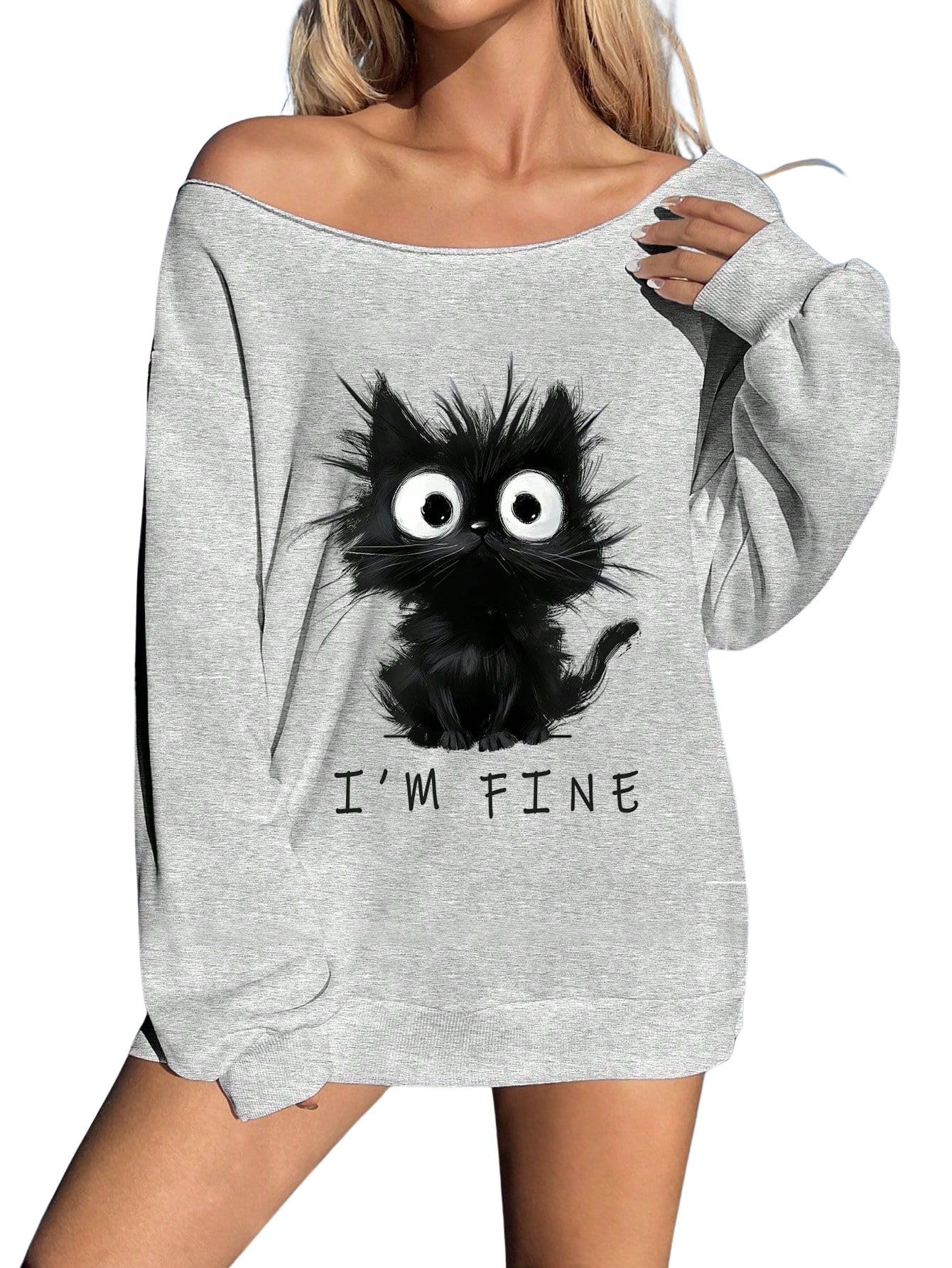 sxv style Women's Off-Shoulder Sweatshirt, Cotton Blend Casual Long Sleeve Top with Black Cat I'm FINE Graphic Print, Grey, Relaxed Fit-picture-30