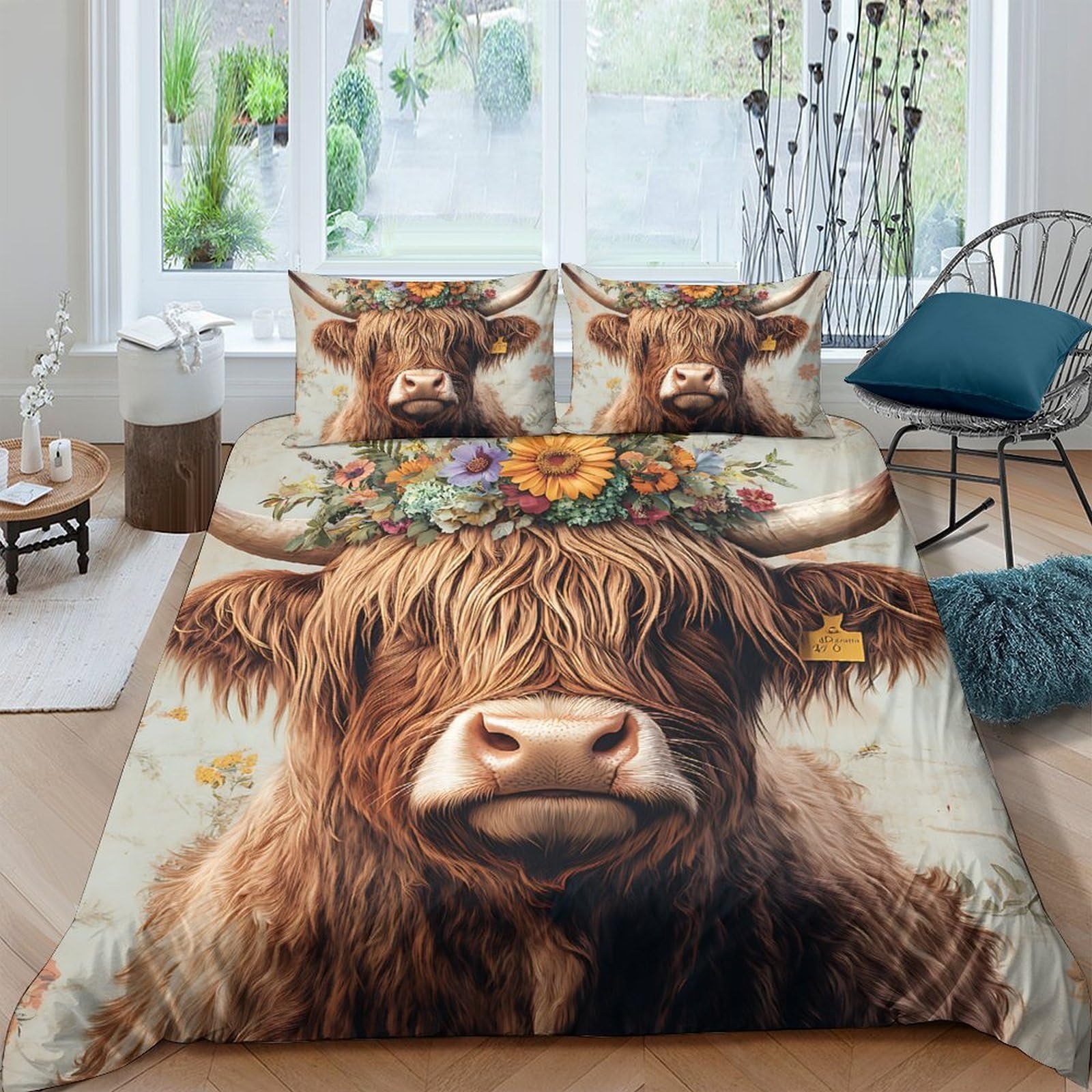 Ctjqhvkz Style-10 3D Printed Highland Cow Floral Fitted Sheet Microfiber Soft Breathable Pasture Bed Cover For Bedroom Guest Room Decor Single（135X200cm）