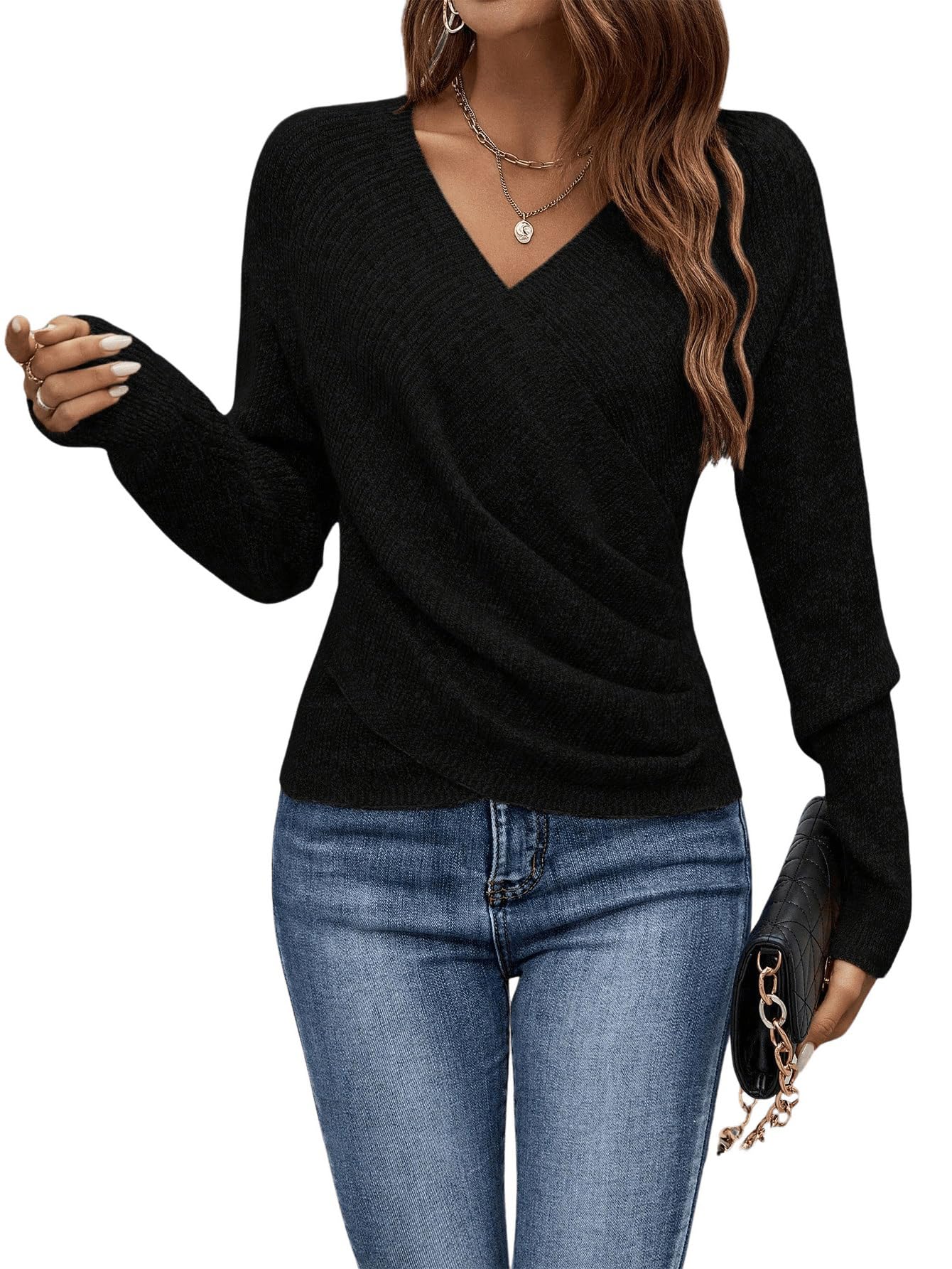 SOLY HUX Womens V Neck Long Sleeve Off Shoulder Sweaters Criss Cross Wrap Ruched Pullover Fall Tops