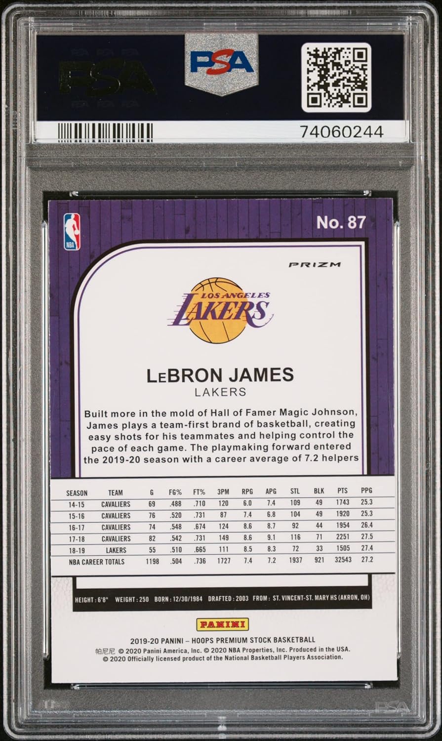LeBron James 2019 Panini Hoops Premium Stock Purple Disco Card #87 Graded PSA 10