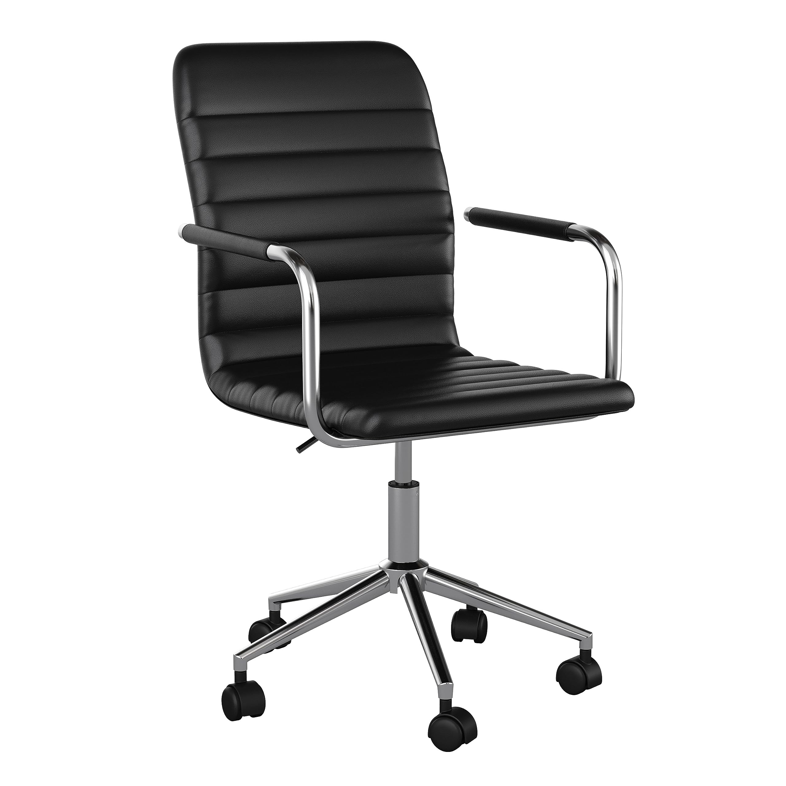 Taytum Swivel Task Chair with Armrests for Home Office in Black Faux Leather with Polished Nickel Frame