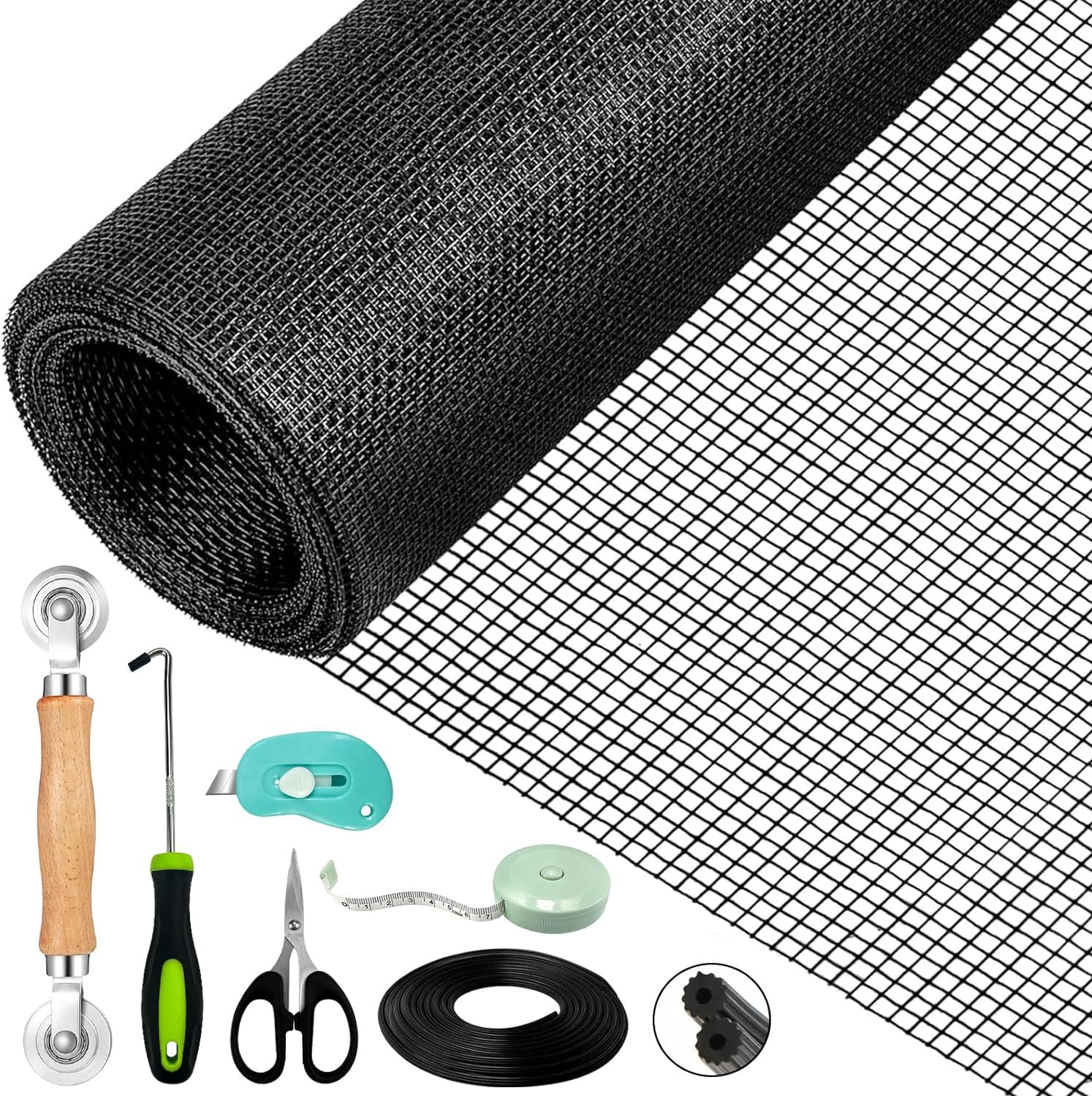 Fliegengitter für Fenster(300 x 120cm - Schwarz), Schneidbar, Reißfest, Fliegengitter Reparatur Set, Insektenschutz für Fenster mit Kederband/Doppelrad Seinroller/Kleines Messer/Haken/Maßstab