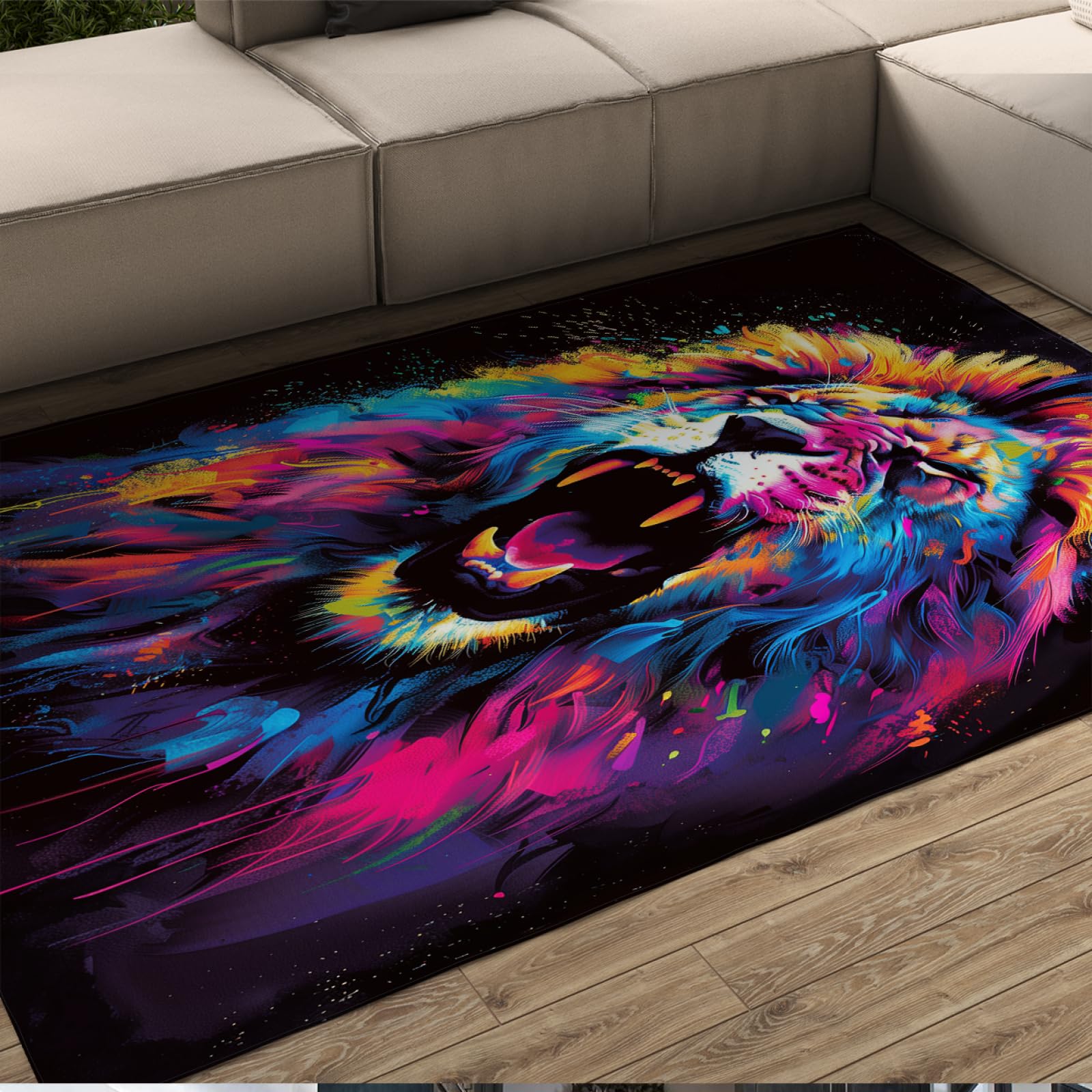 Wasbaar antislip vloertapijt, moderne aquarelstijl, wilde dieren leeuw gebied tapijten, chique stijlvolle hippie graffiti tapijt voor kinderkamer 90 x 150 cm