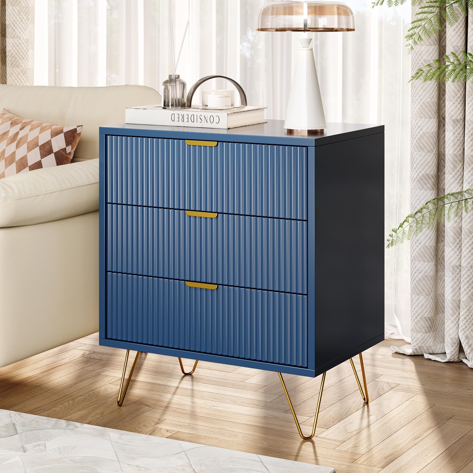 Navy Blue Bedside Table with 3 Drawers Metal Legs Modern Nightstand for Box Spring Bed Perfect for Bedroom & Living Room 60 x 40 x 70 cm