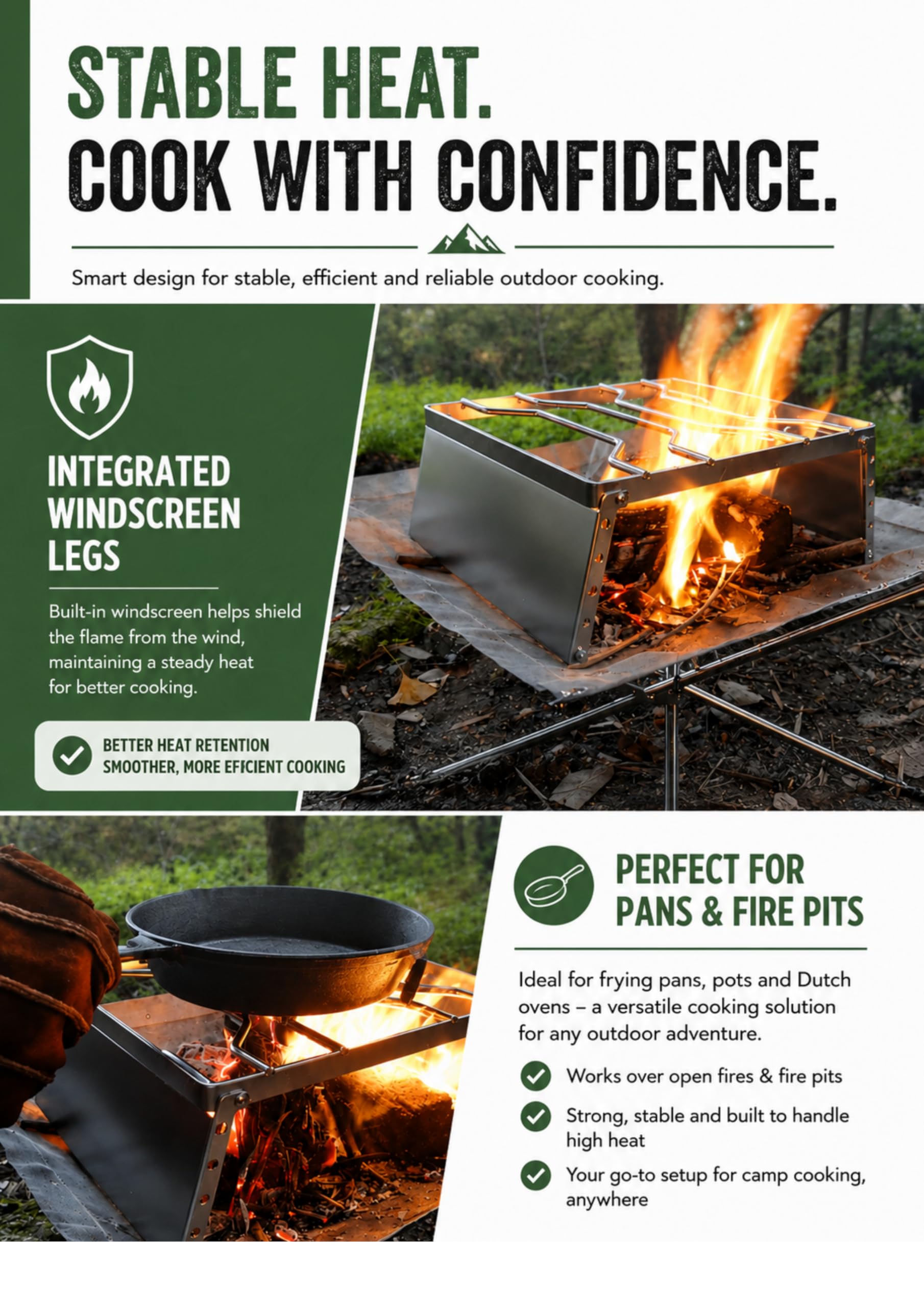 Campingmoon MS-1018 tragbarer Lagerfeuer-Grill aus 304 Edelstahl, für Dutch Oven Kochgeschirr mit Windschutzscheibenbeinen und Tragetasche