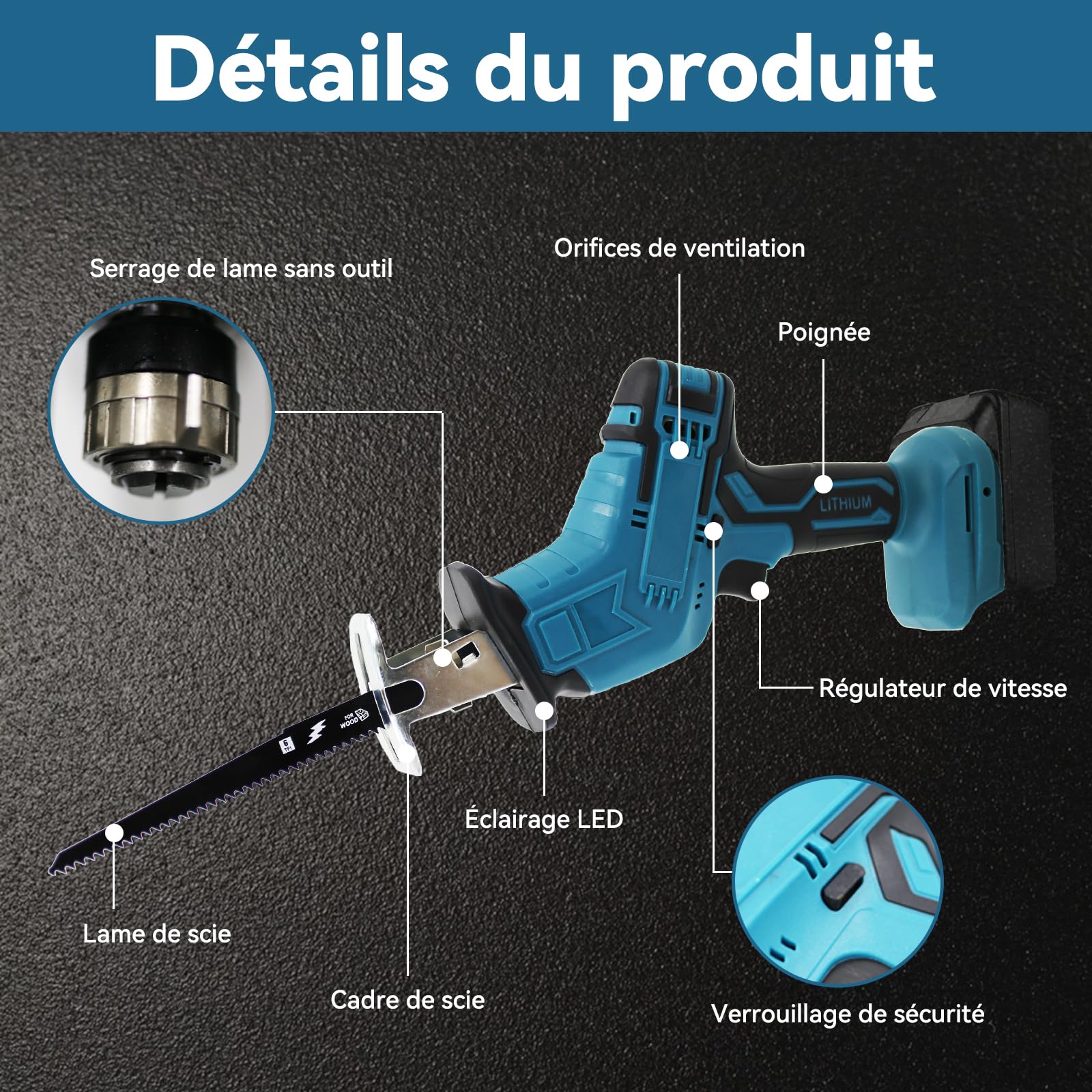 Scie alternative électrique sans fil avec 4 lames – Compatible avec batterie Makita 18 V – Pour bois et métal – Sans batterie ni chargeur