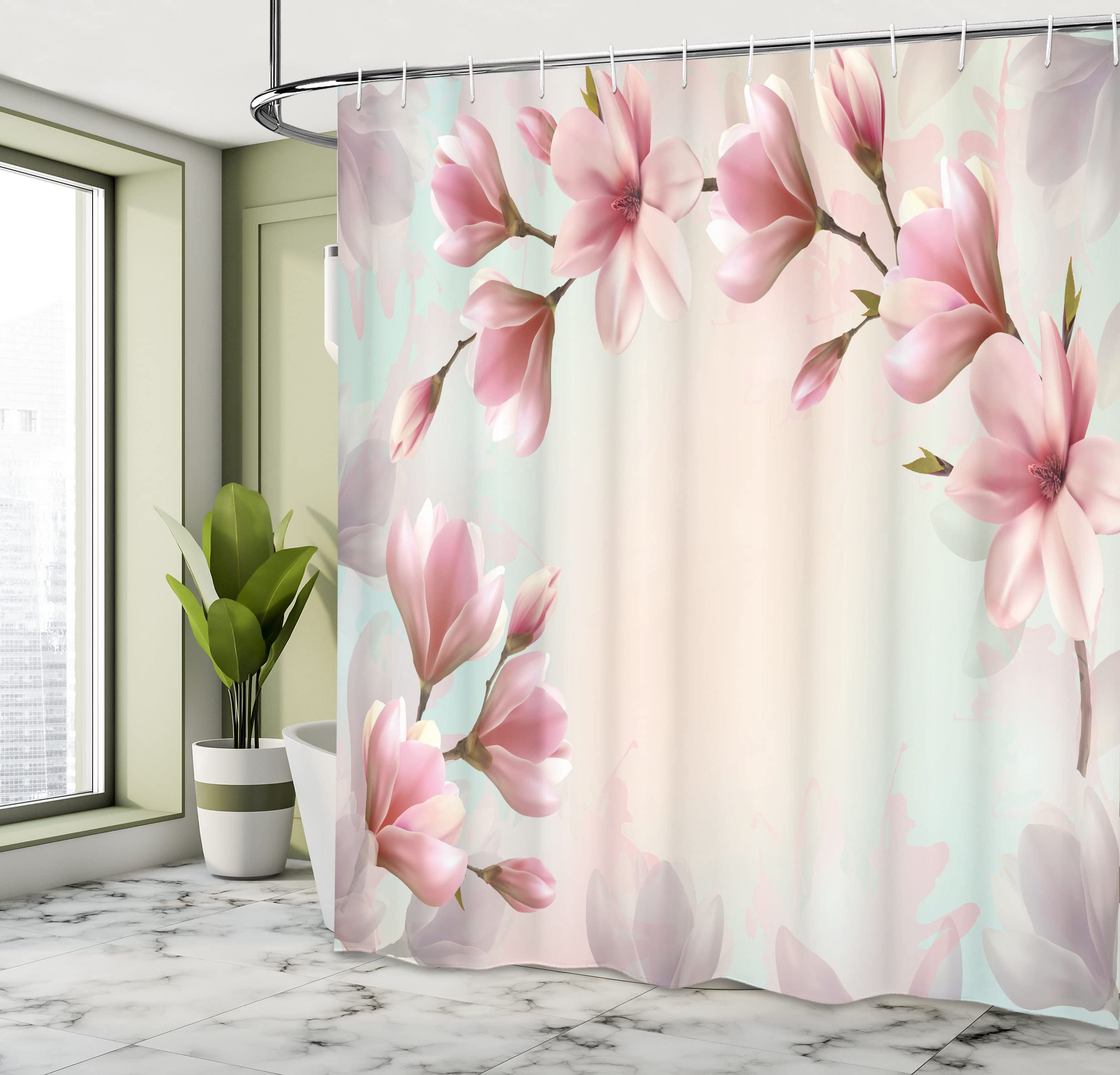 ABAKUHAUS Magnolia Shower Curtain, Double Exposure Effect Fragile Pink Petals and Sprouting Branches - Image 4