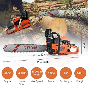 62cc Gas Powered Chainsaw 2-Cycle Gasoline Chain Saw with 20-Inch Guide Bar