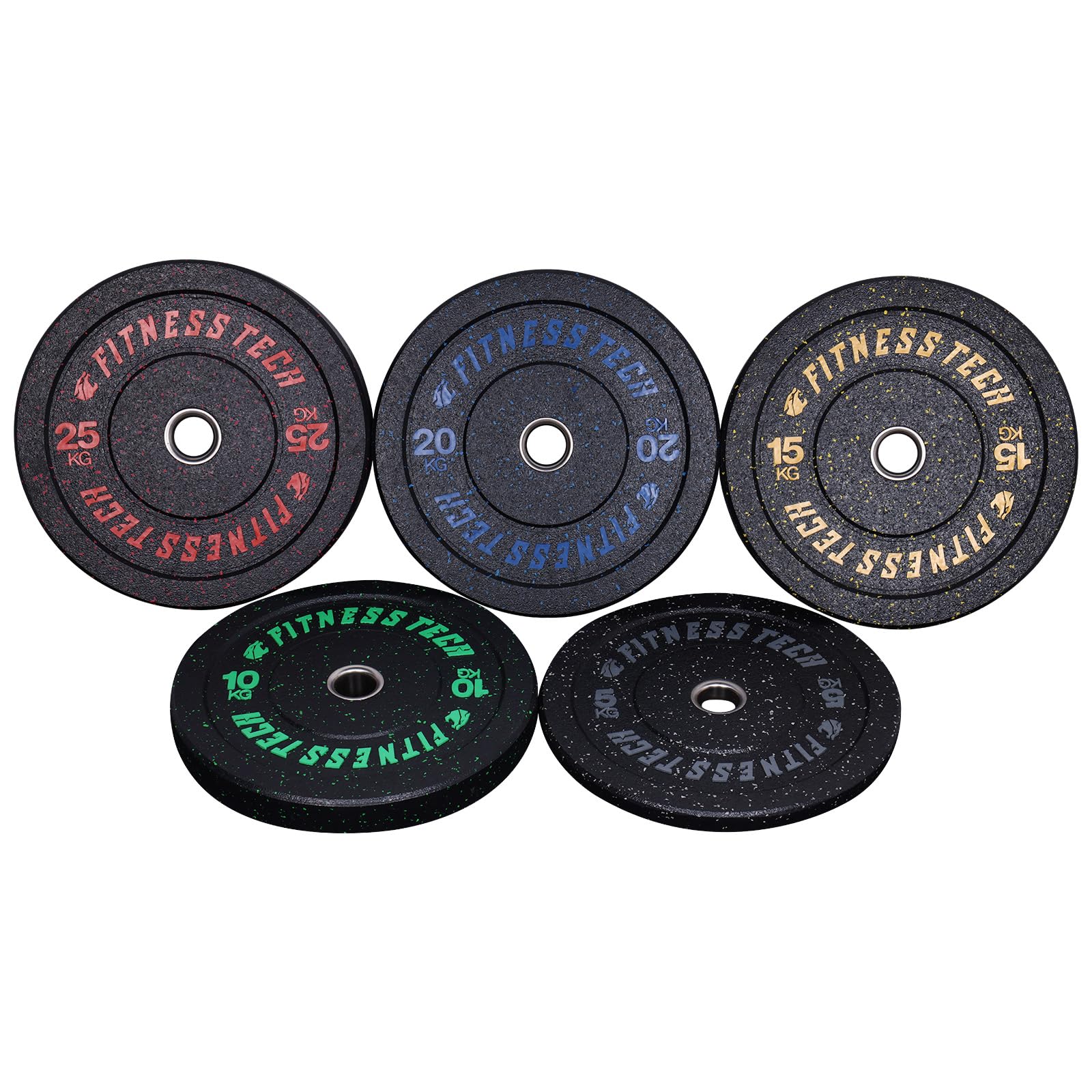 Disco Bumper Plate Hi-Temp Alta Resistencia 5-25 kg | Pesa Caucho Recilado Casquillo de Acero Inoxidable | Discos Pesas para Gym, Gimnasio en casa | Ø50 mm Fitness Tech (20, Kilogramos)