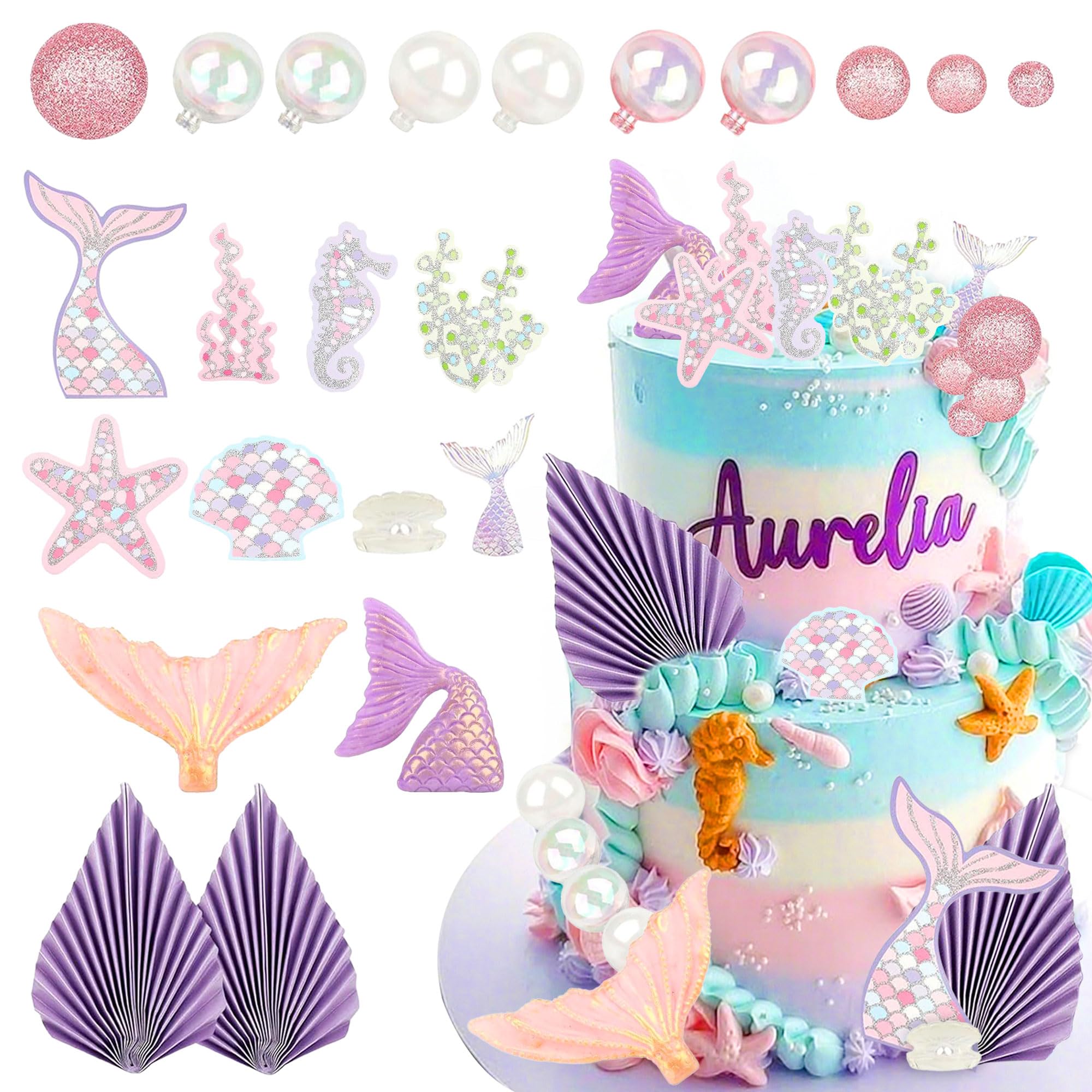 22PCS Mermaid Tail Cake Topper Under the Sea Cake Decoration Seashell Cupcake Topper Mermaid Tail Cupcake Topper Mermaid Party Supplies
