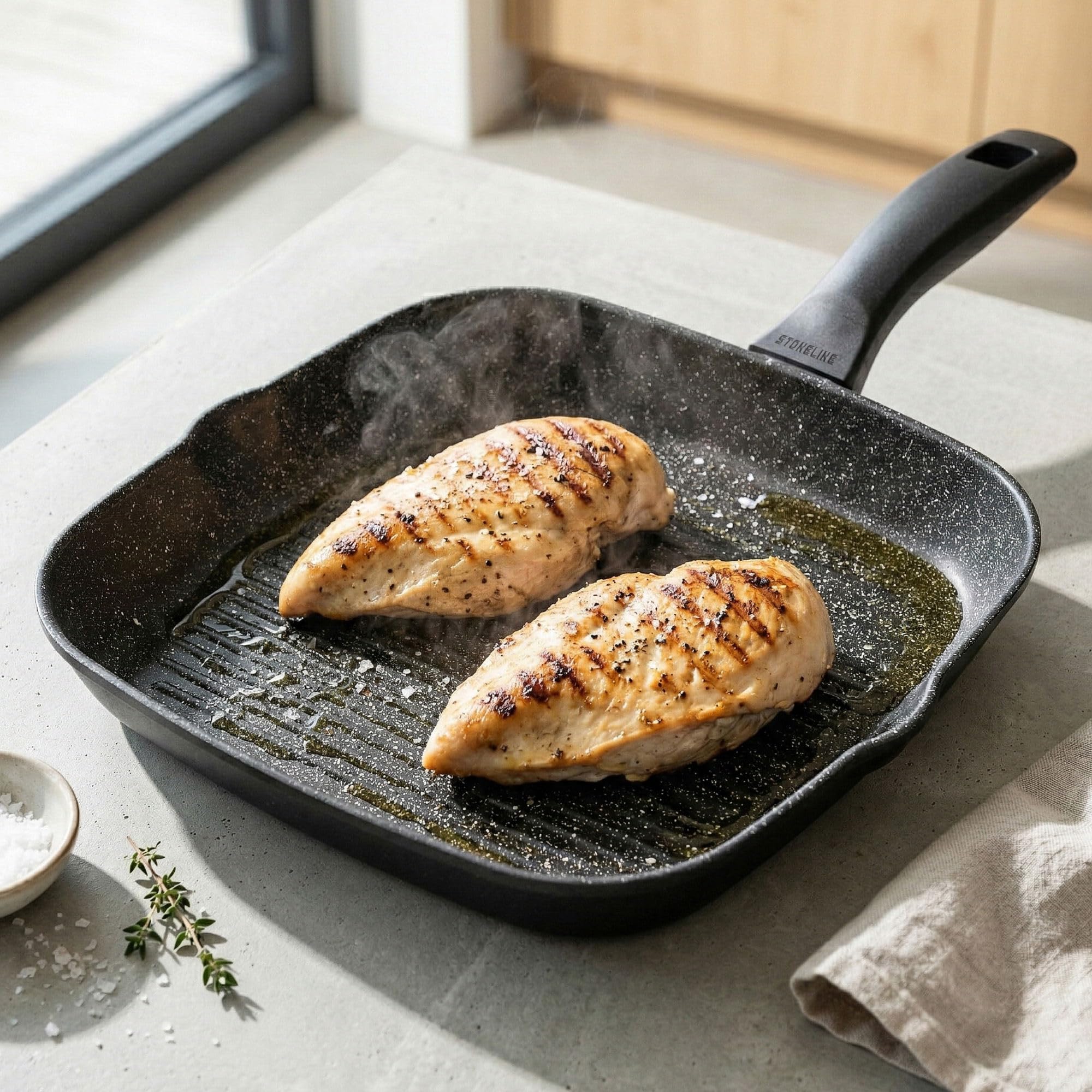 STONELINE Grillpfanne 32 x 32 cm, Aluguss, Antihaftbeschichtung mit echten Steinpartikeln, Große Pfanne Induktion backofengeeignet, Steakpfanne Eckig, Schwarz