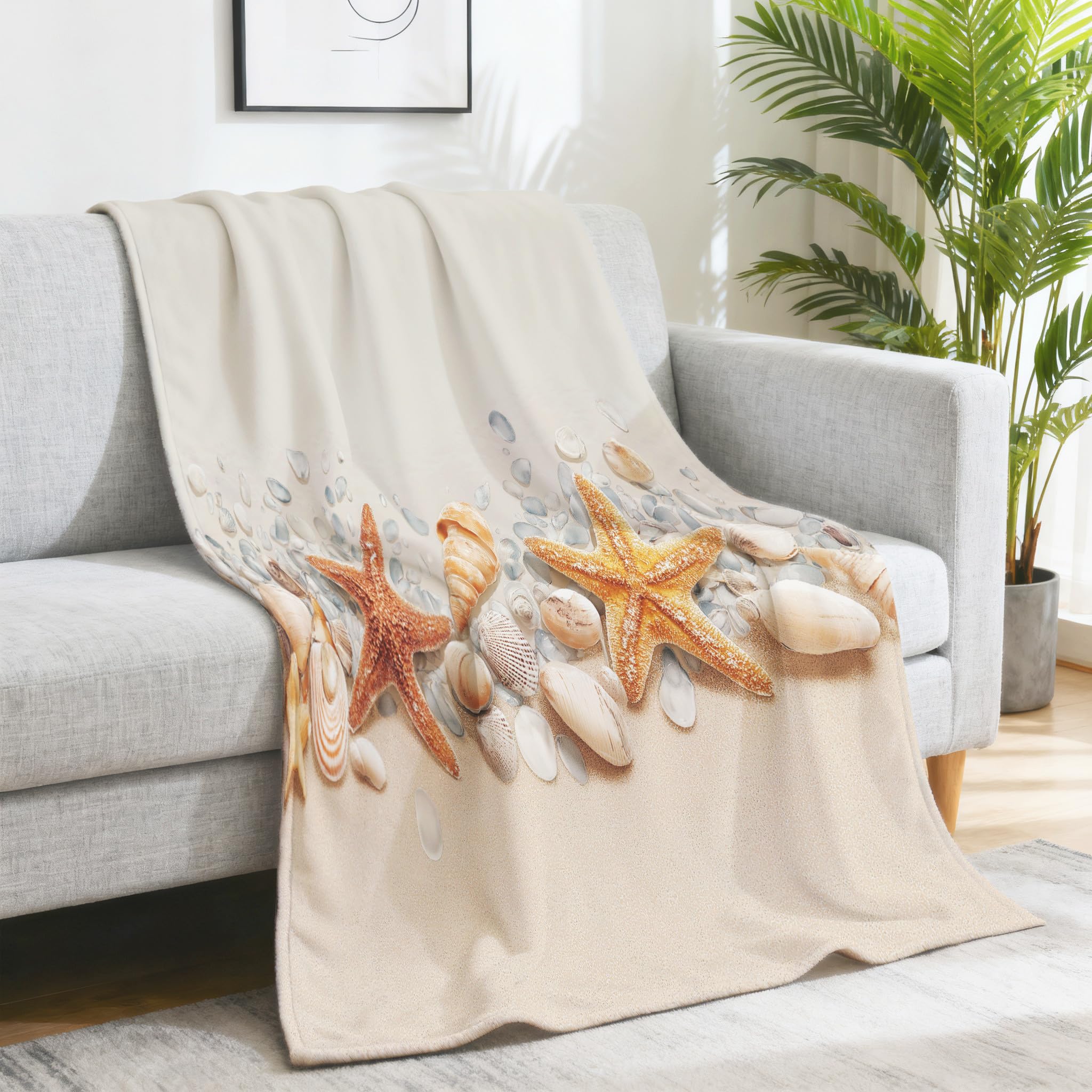 Genérico Koc z nadrukiem w stylu nadmorskim, 220 x 270 cm, khaki koce z mikrofibry łatwe w pielęgnacji miękkie na sofę i łóżko, ciepły lekki przytulny ciepły koc dekoracyjny muszle rozgwiazdy
