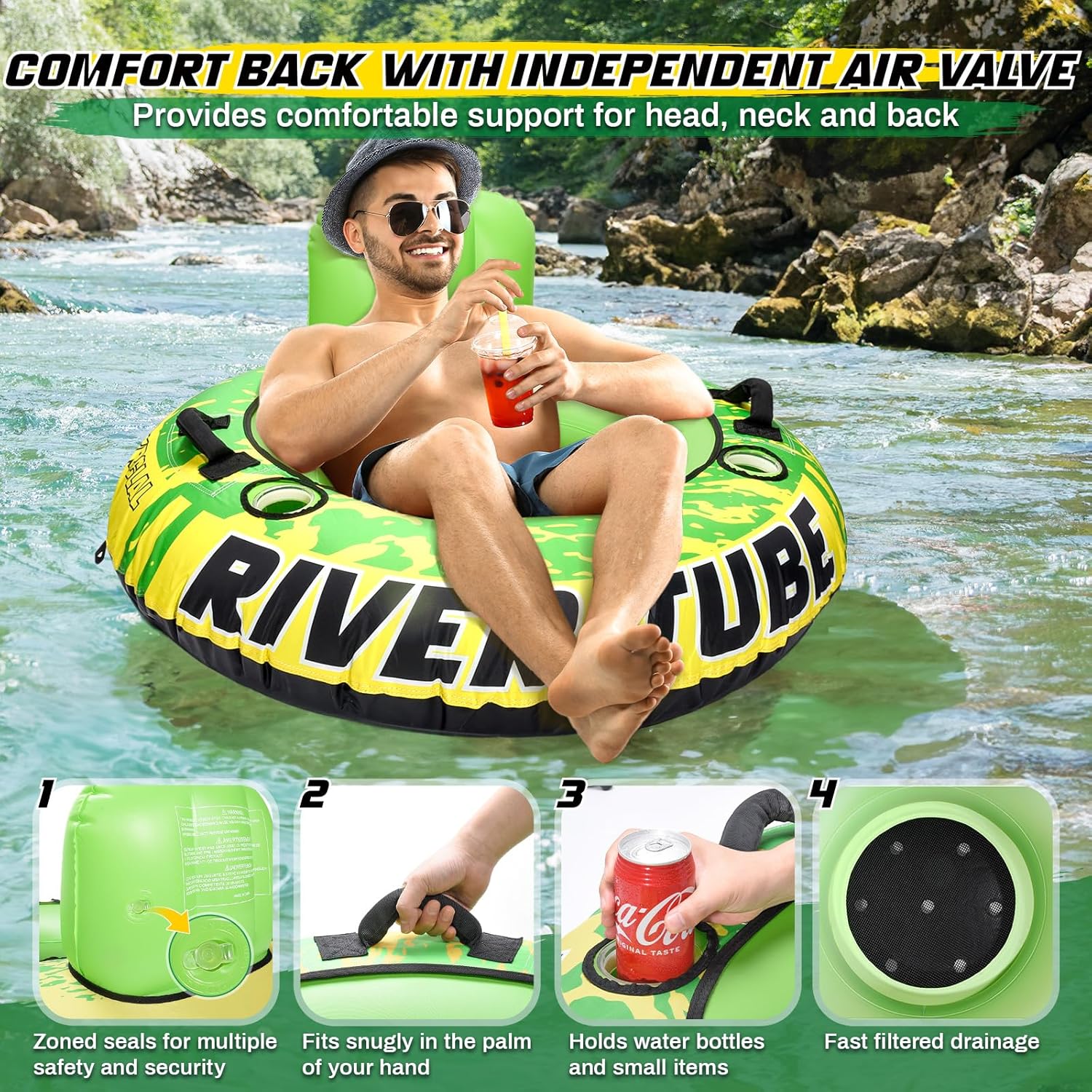 53" Heavy Duty River Tube for Floating with Canvas Cover, 2 Pack Tubing Floats for Lake Pool, Inflatable Water Tube for Floating with Cup Holder Handle Headrest, River Raft Carry 600lb of Adults