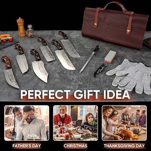 Miniatura 2 de TIJERAS Juego de cuchillos de carnicero de 14 piezas para cortar carne, juego de cuchillos de chef japonés de primera calidad con bolsa para