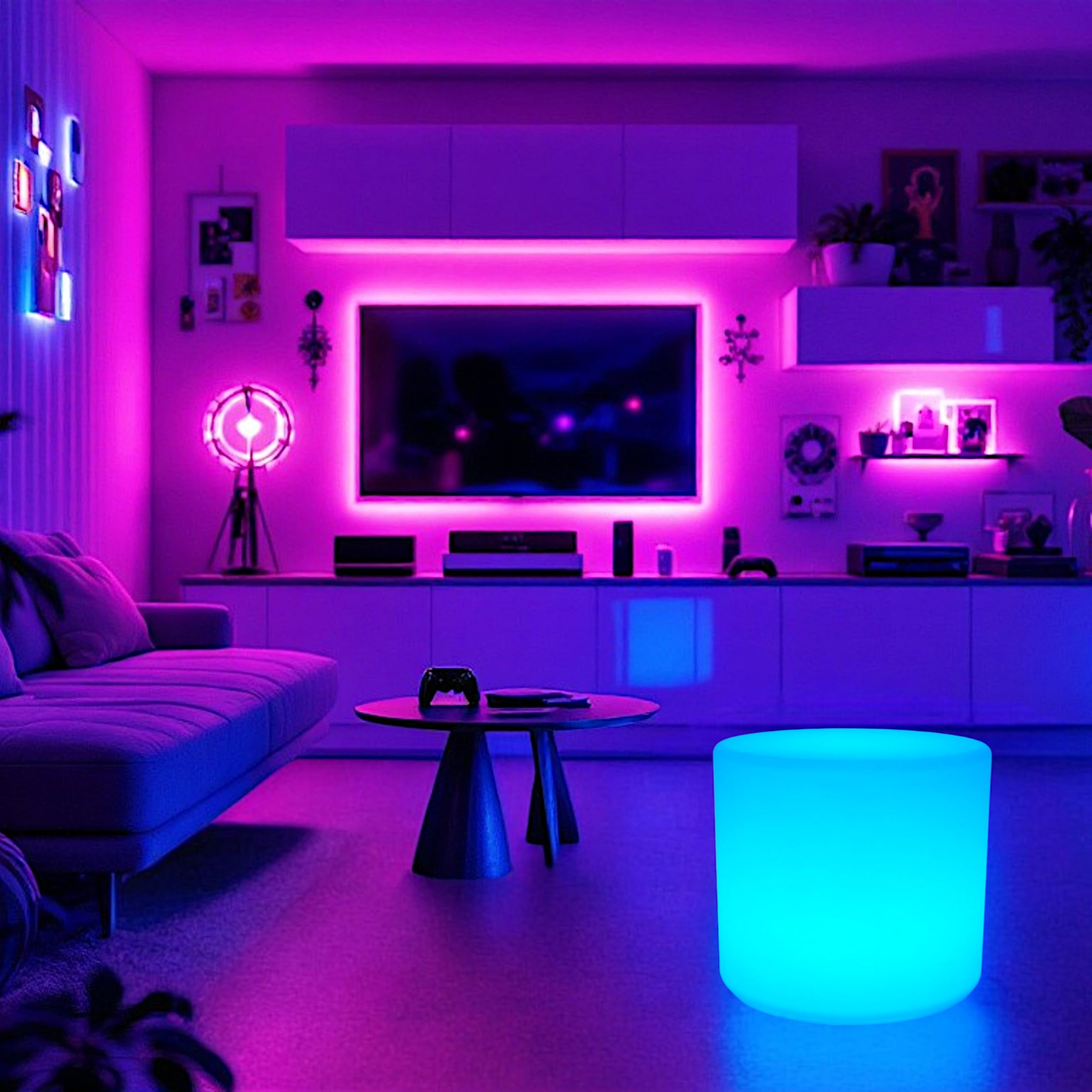 Arnusa LED Hocker mit Beleuchtung 45 cm x 50 cm RGB Leuchthocker PL608 mit Akku & Fernbedienung, 16 Farben, dimmbar, als Sitzhocker & Beistelltisch für Garten, Balkon, Party & Lounge