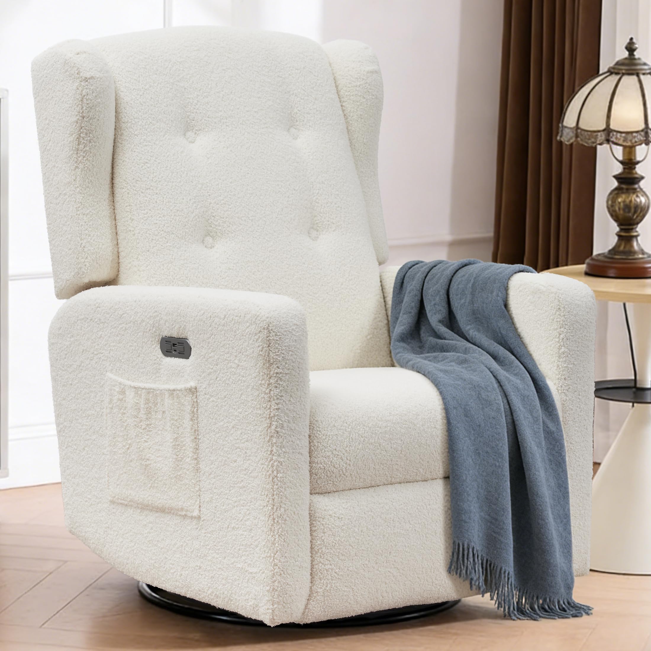 taixusf Swivel Rocker Power Recliner Chair with Teddy Beige Upholstery