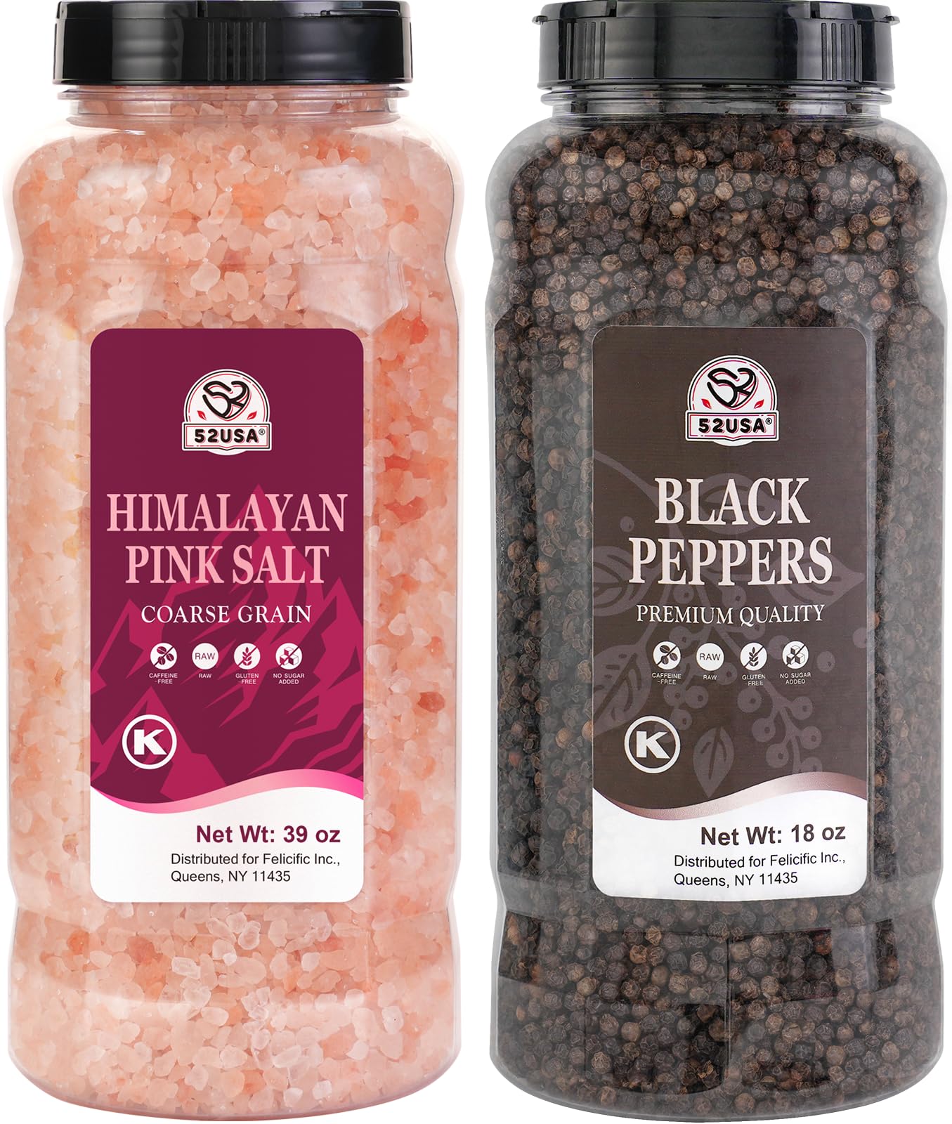 52USA - Sal gruesa rosa del Himalaya (1,105 g) + granos de pimienta negra entera (530 ml) en botellas recargables, combinación de especias gourmet para cocinar, asar y hornear, todo natural