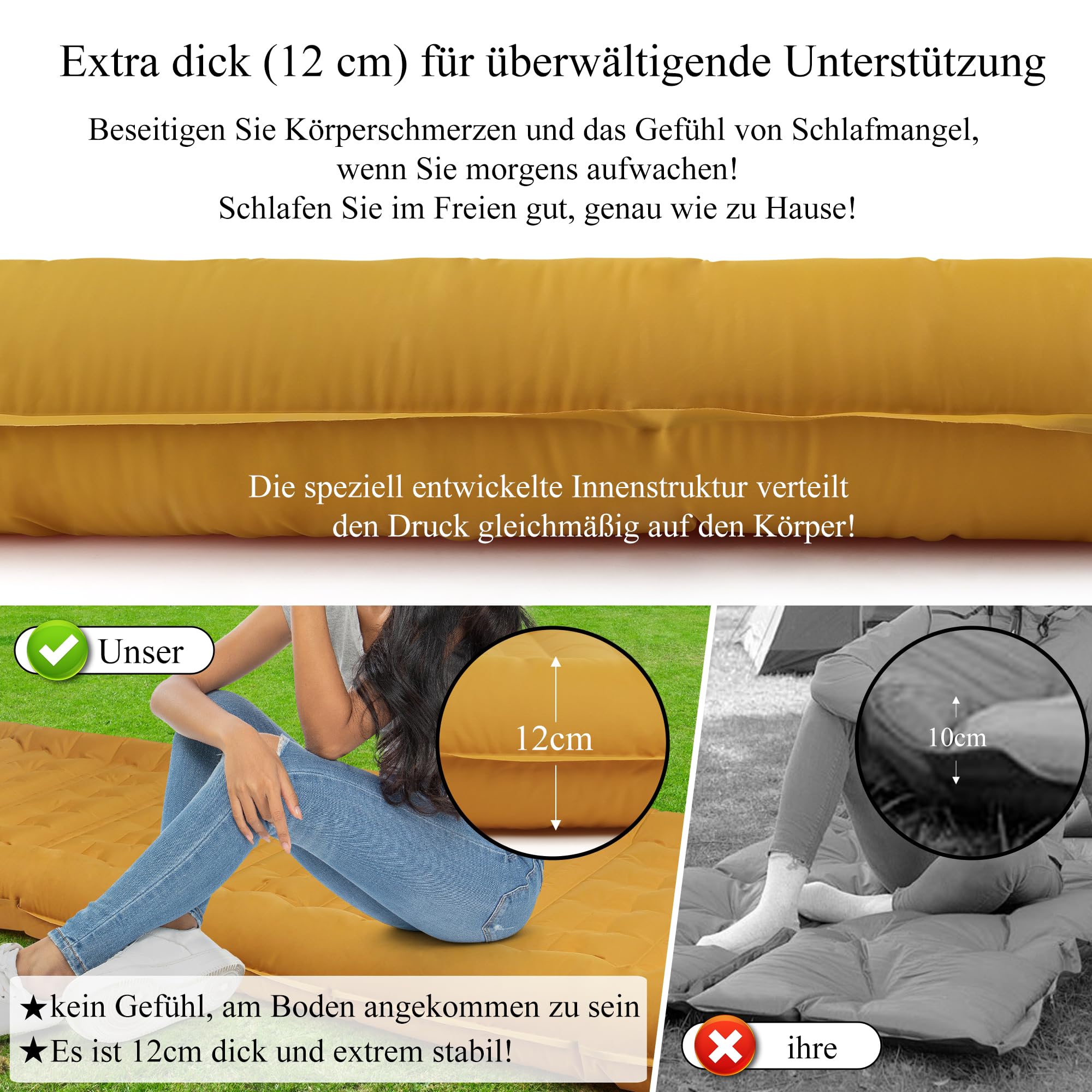 Materac dmuchany, tryb nożny, 12 cm grubości, na kemping, do spania w samochodzie, ochrona przed katastrofami, gruby z poduszką, ultralekki, kompaktowy, wodoszczelny, do wspinaczki górskiej