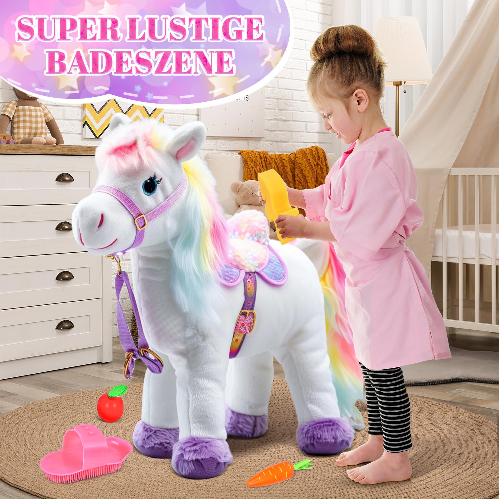 Joellfuner Pflegeset für Pferde mit Tasche, Spielzeug Putzzeug Pferde für Kinder, Zubehör für Pferde Spielzeug Rosa mit Kardätsche, Massagebürste, Mähnenkamm, Hufkratzer, Pferdchenschwamm