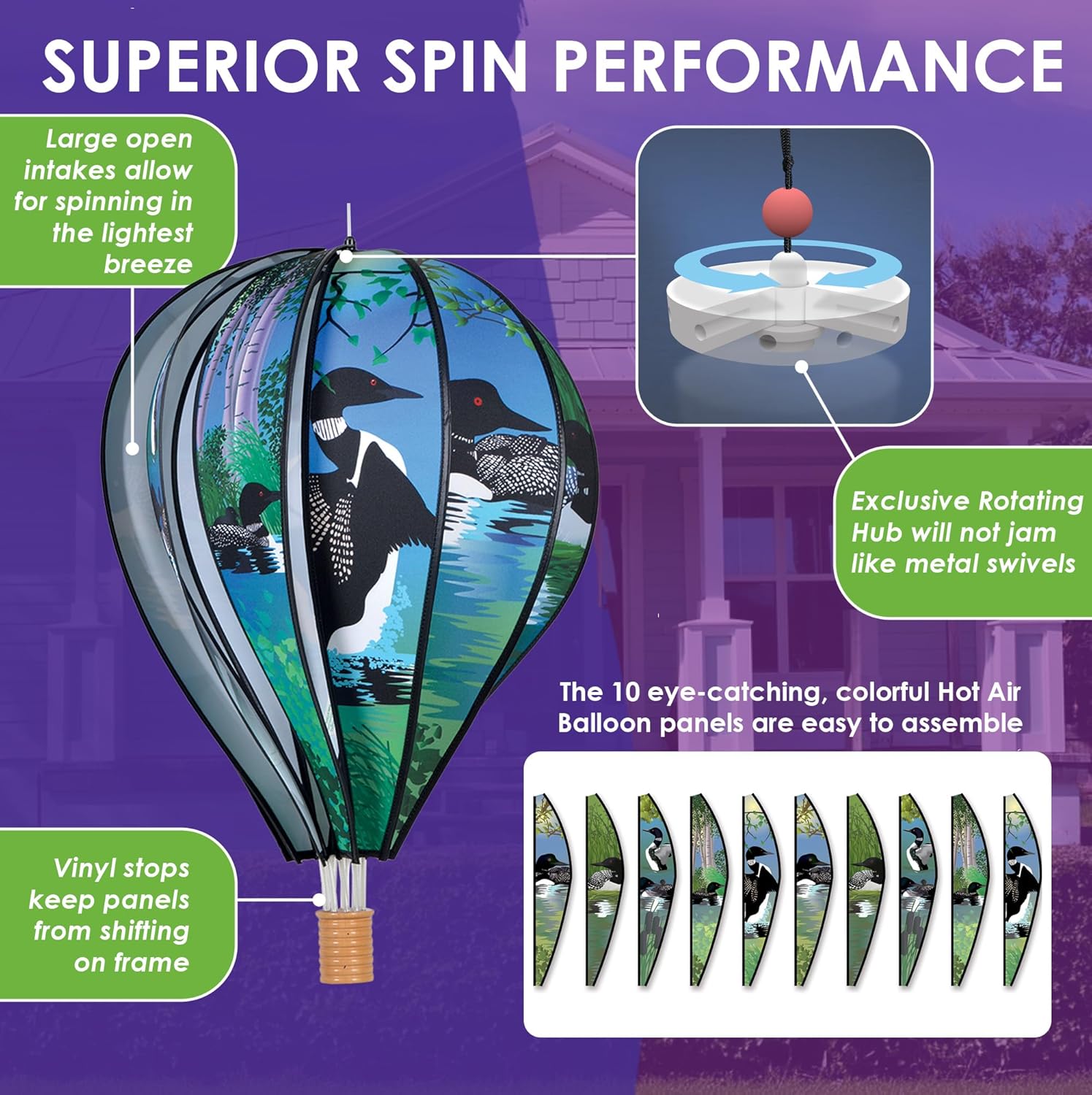 Hot Air Balloon Hanging Garden Spinner 22" - Vibrant Loons Design, Weather-Resistant Outdoor Decor, Durable & Lightweight for Patios, Yards, and Gardens - Eye-Catching Wind Spinner