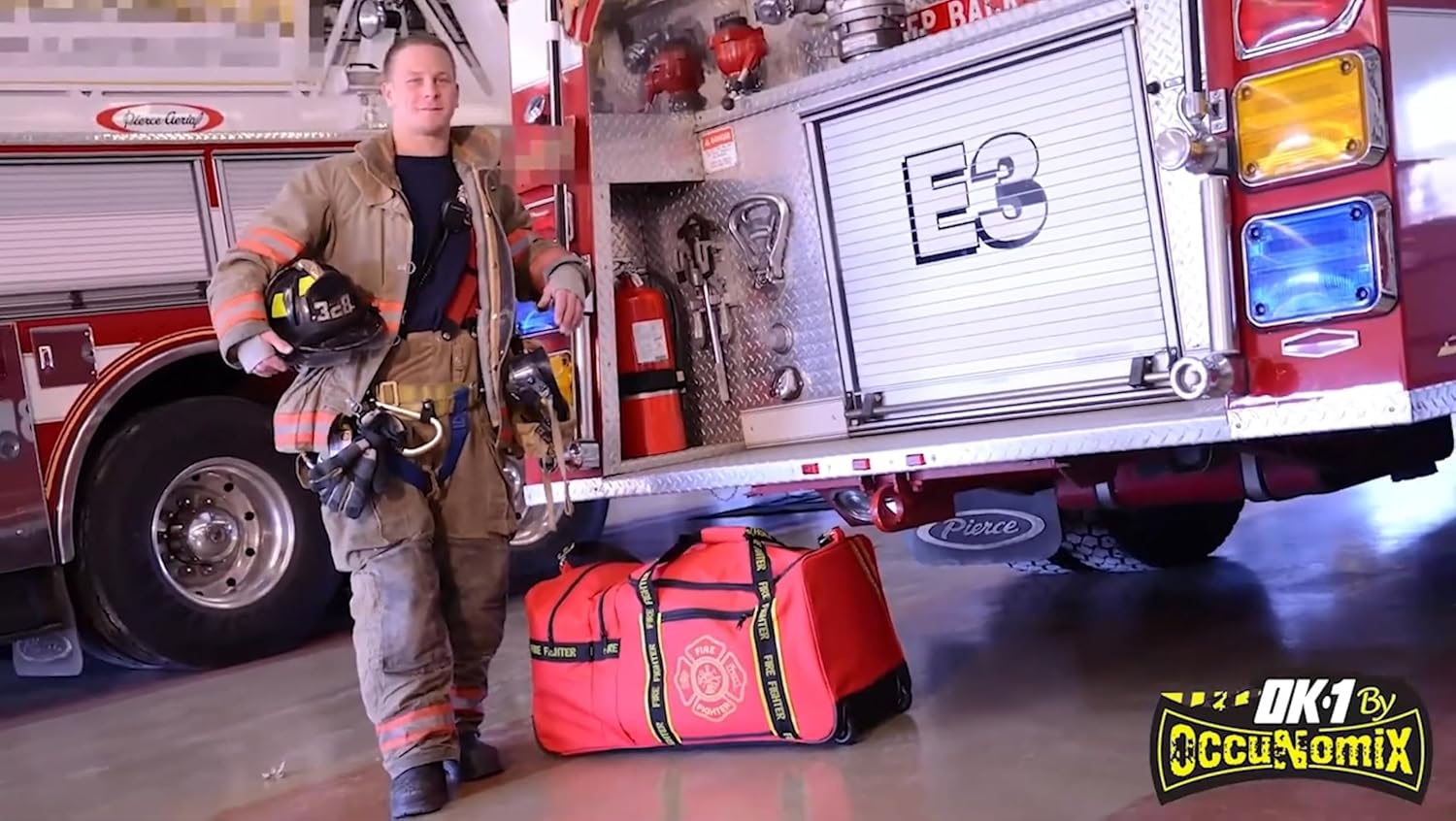 OccuNomix OK-3000 Large Gear Bag, “Firefighter” Woven In Reflective Trim Along Bag Straps, Maltese Cross Logo, 3 Compartments with 2 Outside Zip Pockets, 29” x 17” x 16”, Red