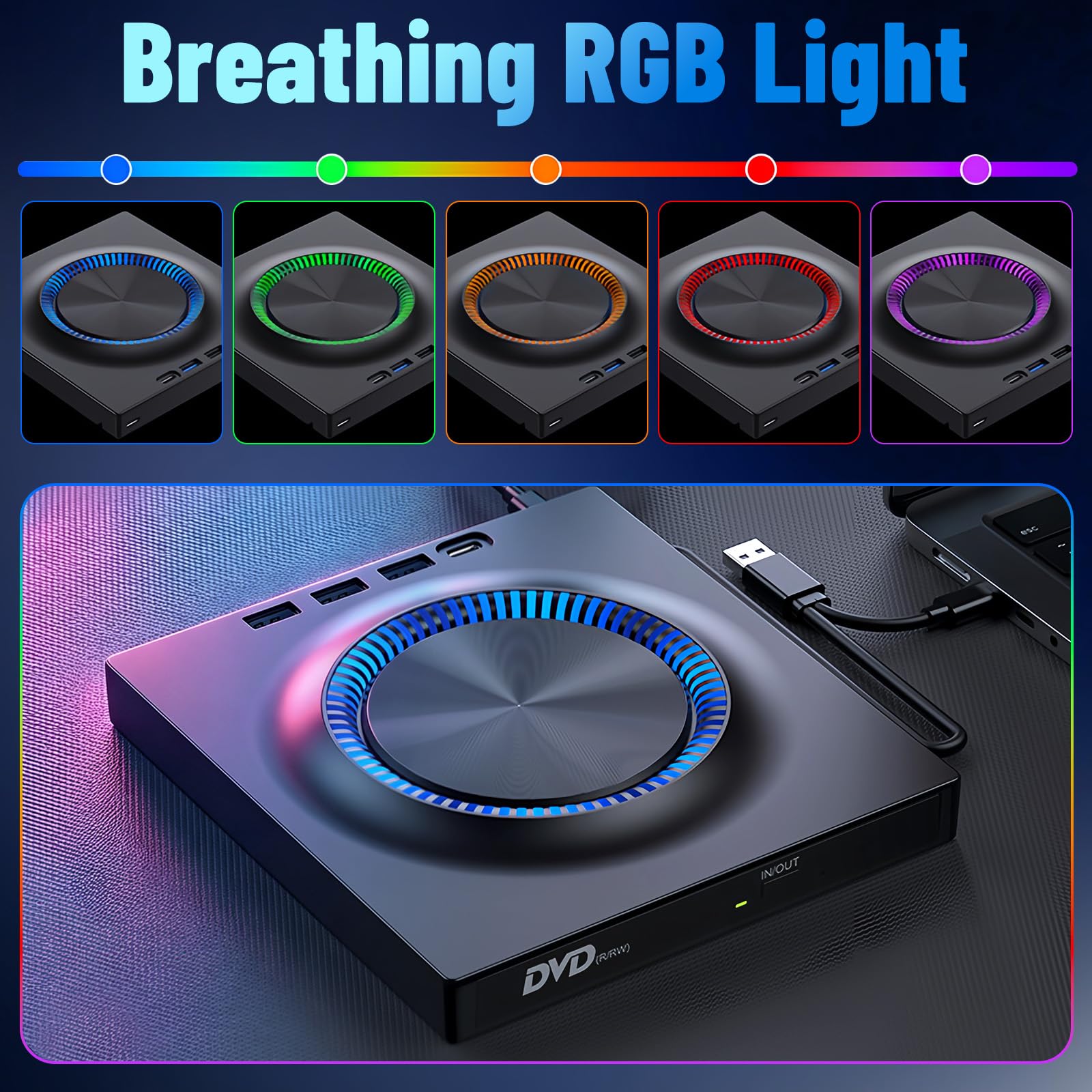 Lecteur Blu-ray externe, graveur Blu-ray 7 en 1, graveur de DVD/CD avec lumière ambiante RVB, lecteur Blu-ray portable ultra fin avec port SD