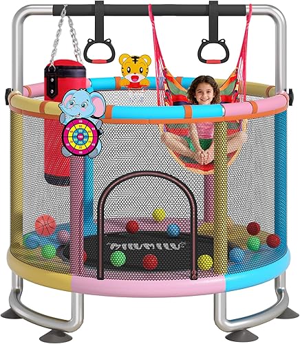 60" Indoor Outdoor Trampoline for Kids,MILUMILU Mini Baby Trampoline with Safety Enclosure Net, Basketball Hoop, Jumping Mat - Birthday Gifts for