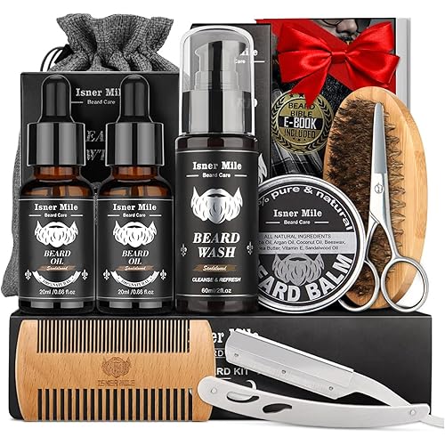 Isner Mile Beard Grooming Kit for Men Care: Trimming Sets with Beard Wash/Shampoo - Oil - Balm - Brush - Comb - Scissors & Storage Bag, Valentines Birthday Fathers Gifts for Dad Men Husband Boyfriend