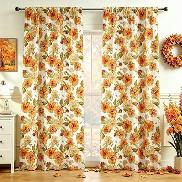 youleyar Fall Curtains for Living Room, 45 Inch Length Rod Pocket Printed Pattern Fall Curtian Panels, Autumn Orange Floral Window Drapes for Bedroom Dining Room Drapes, 52" W x 45" L