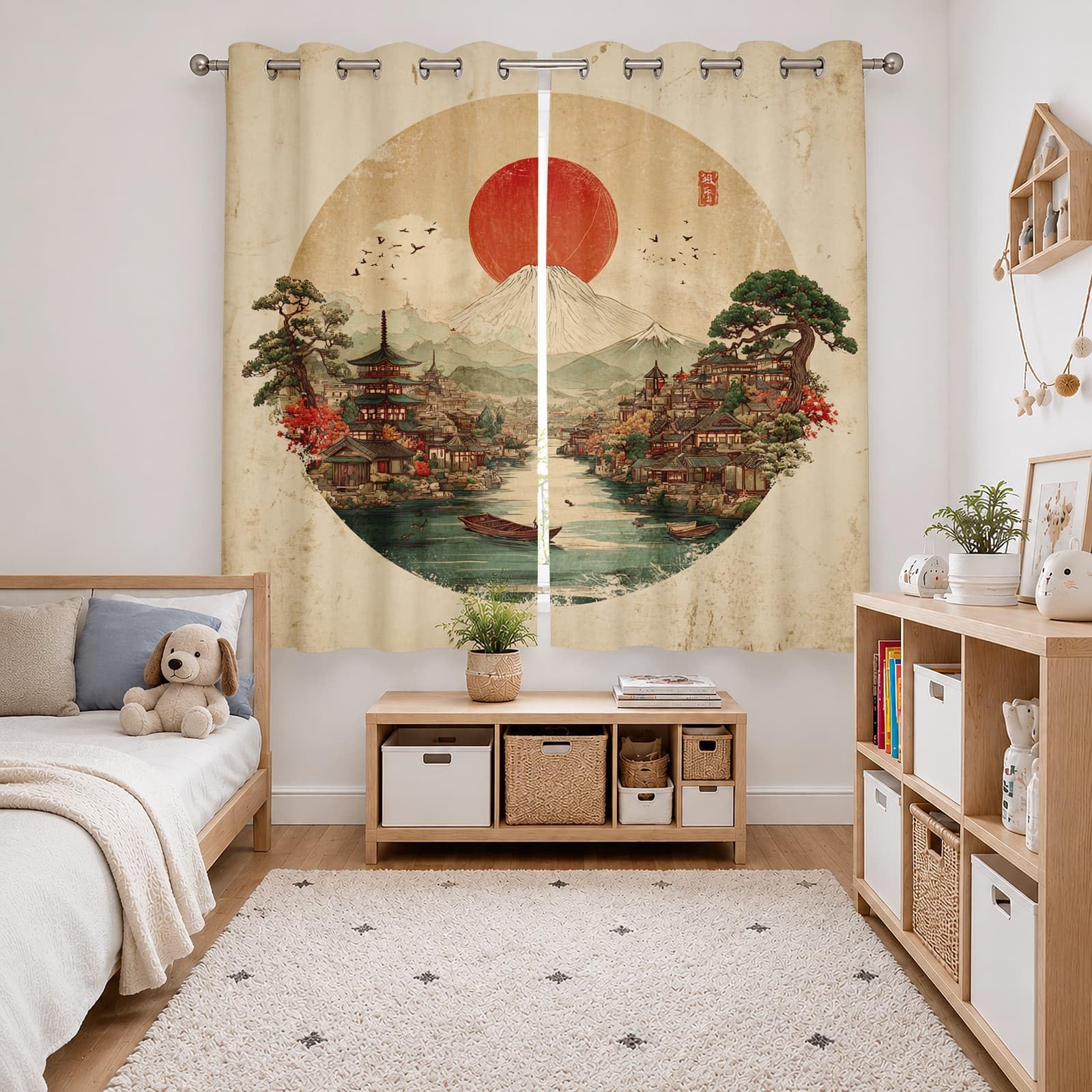 Infantil Cortinas Opacas Aislantes 2 Paneles 140An x 260Al cm Estilo JaponéS Arquitectura Paisaje Suave Poliéster Termicas Cortina con Ojales Verde para Salon Dormitorio Oficina Hogar Decorativa