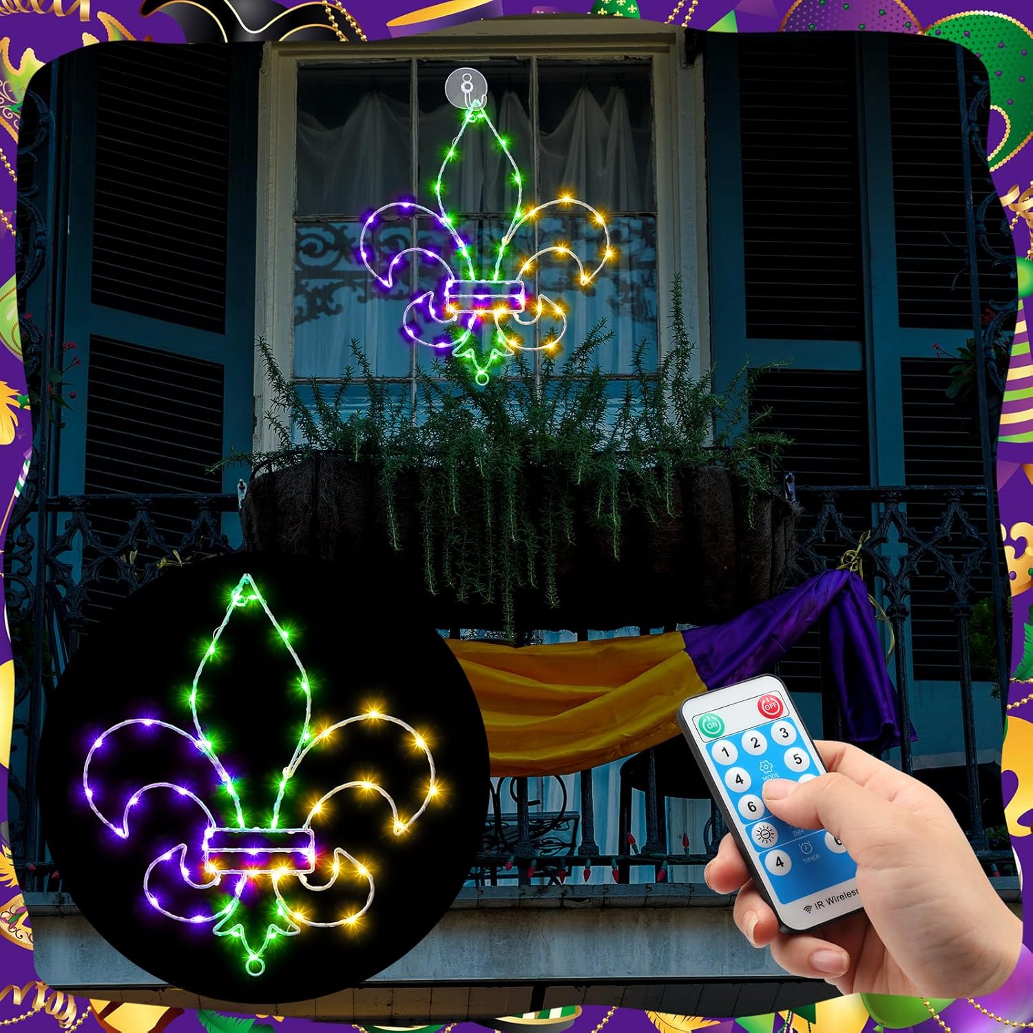 2 Pcs Mardi Gras Window Lights Mardi Gras Window Decorations Fleur De Lis Hanging Light up with Suction Cup Remote Control Battery Operated Indoor Outdoor Light for Home Decor