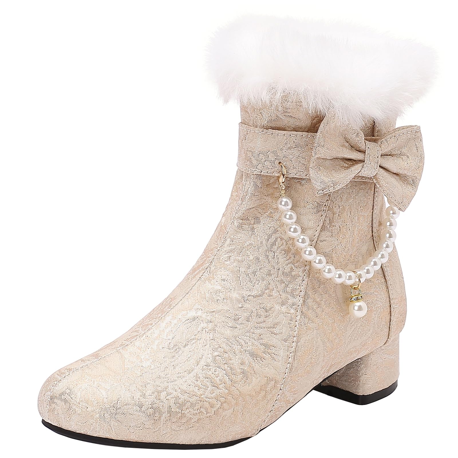Womens Elegant Warm Ankle Boots for Winter Sweet Block Heel Dress Shoes with Bows and Beaded
