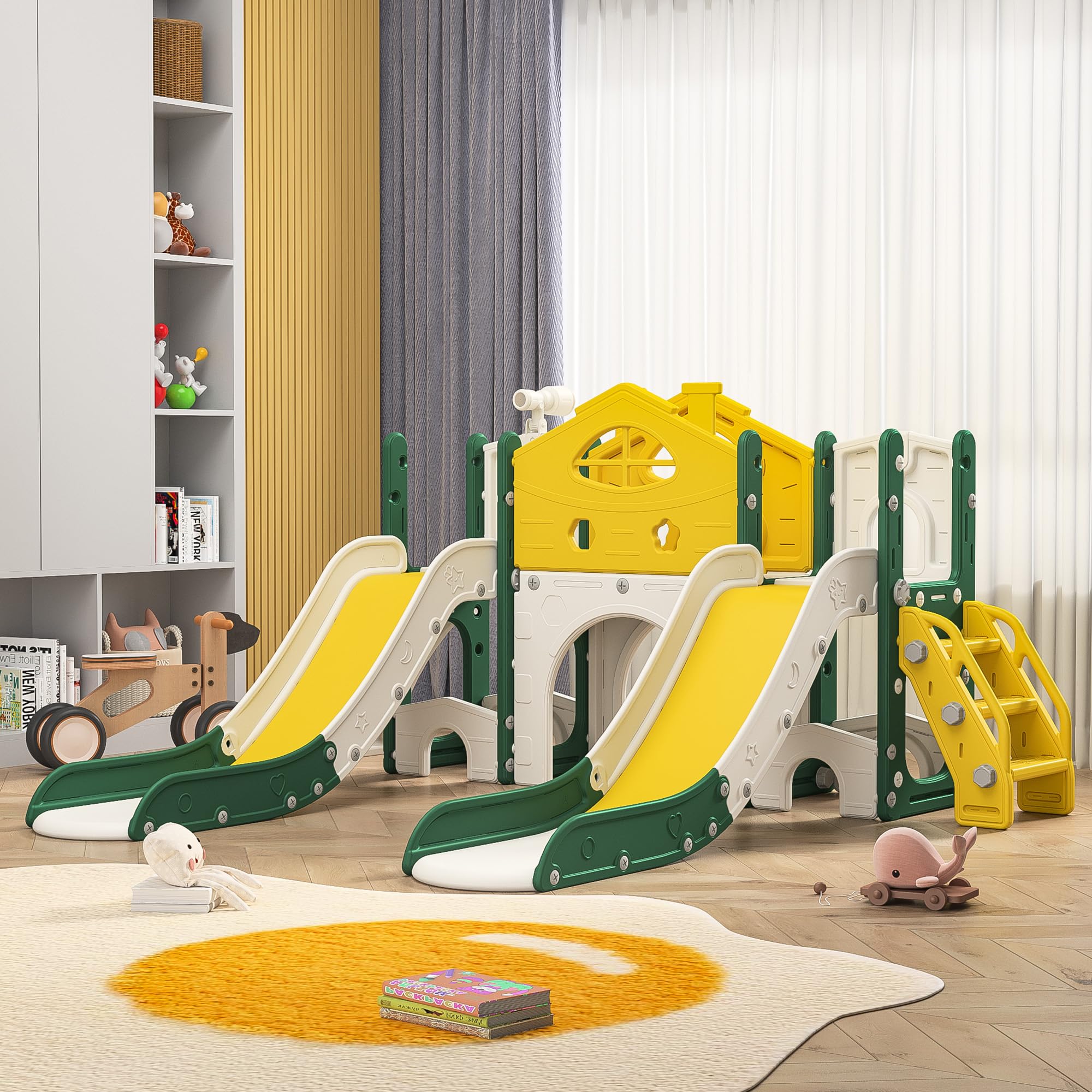 7 in 1 Baby Slide, Indoor Outdoor Kids Slide with Slides, Walkways, Stairs, Climbing Structures, Binoculars, Self-Supporting Rocker (Yellow-1)