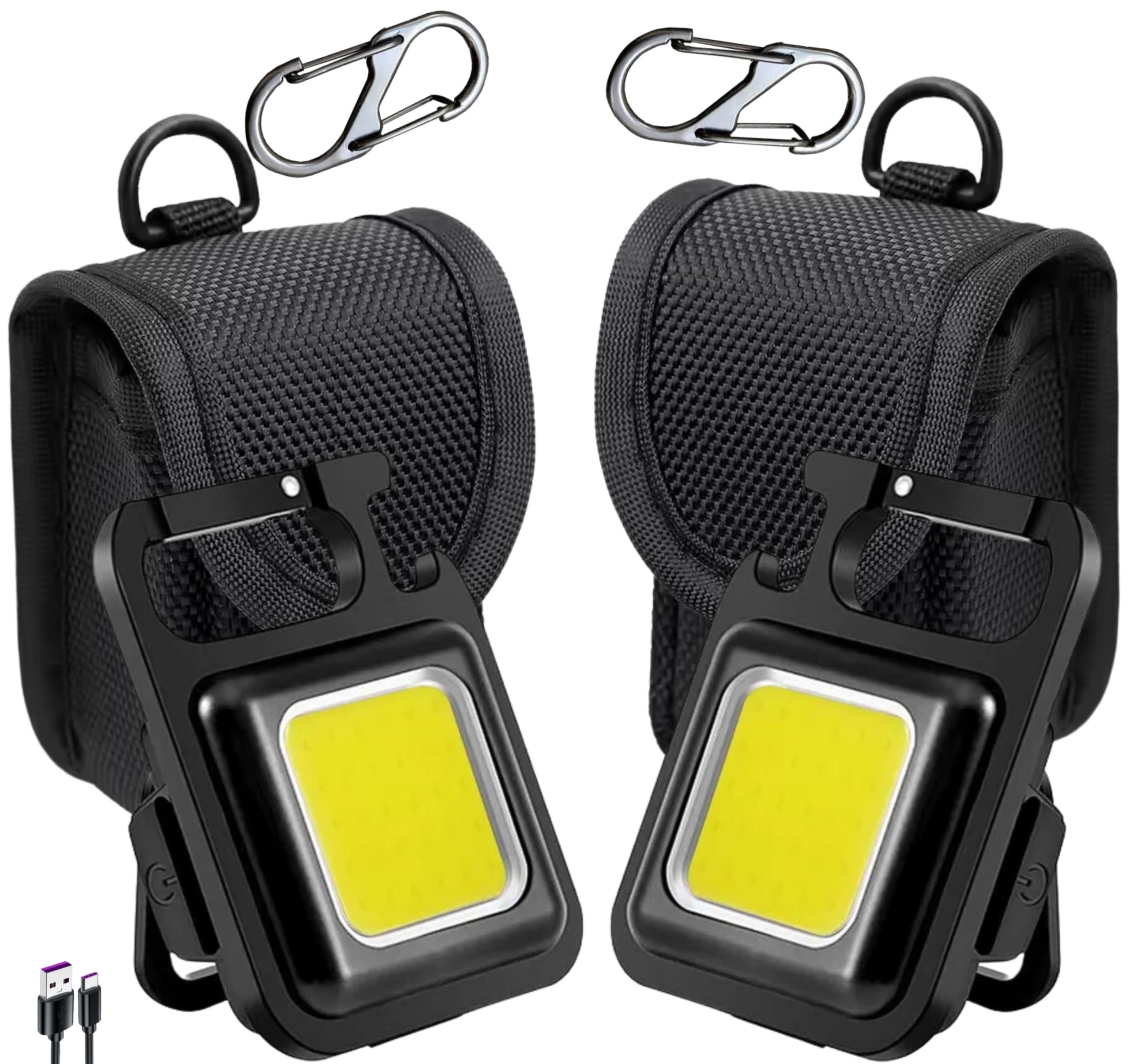 TradeProvider® 2× Mini COB Flashlight 1800 Lumens, 2× USB Rechargeable Torch, 2× Belt Bag & 2× Hook Carabiner, Keychain Magnetic Base, Indoor & Outdoor Work, Camping & Emergency Light