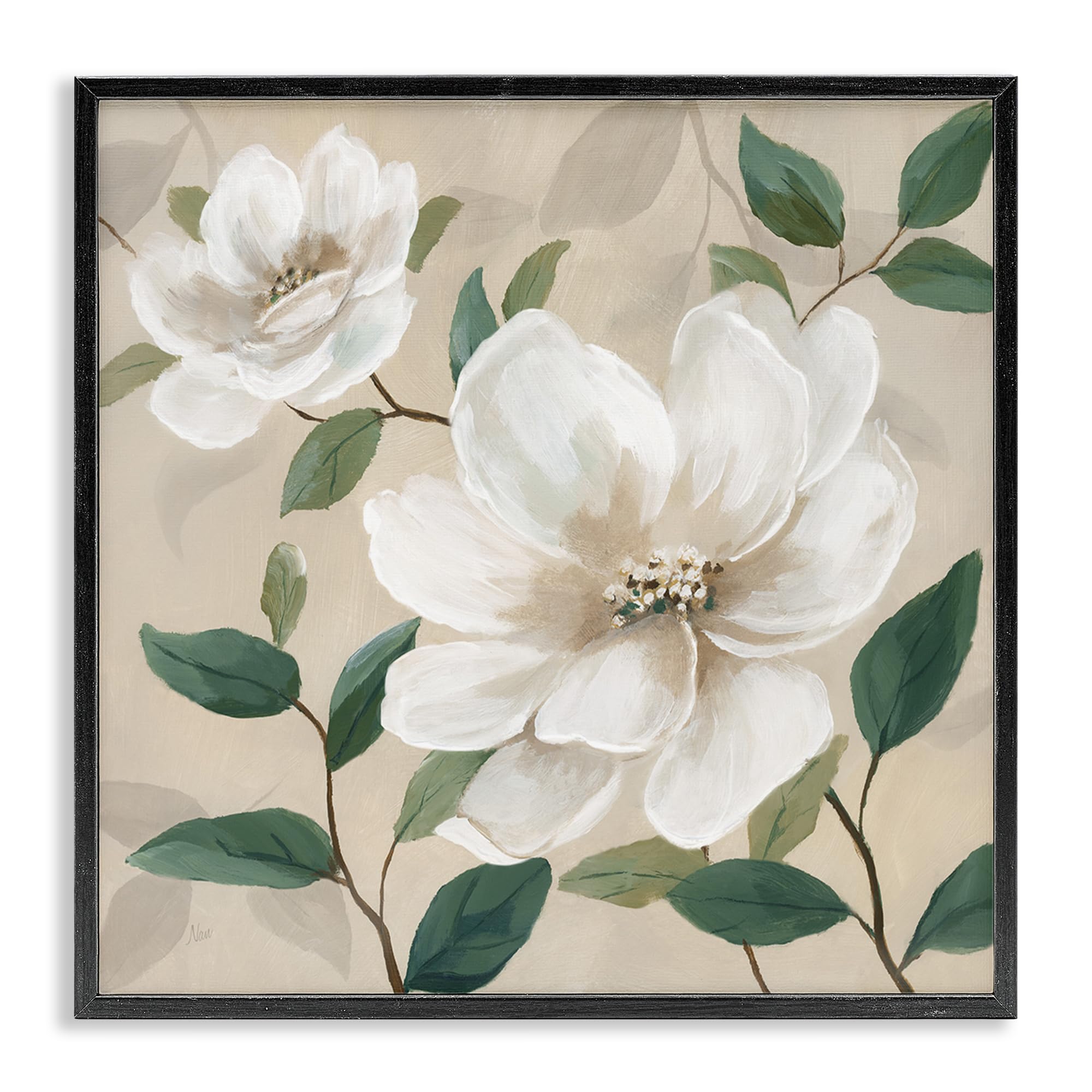'Serene White Blossom with Leaves'| Framed Giclee Art