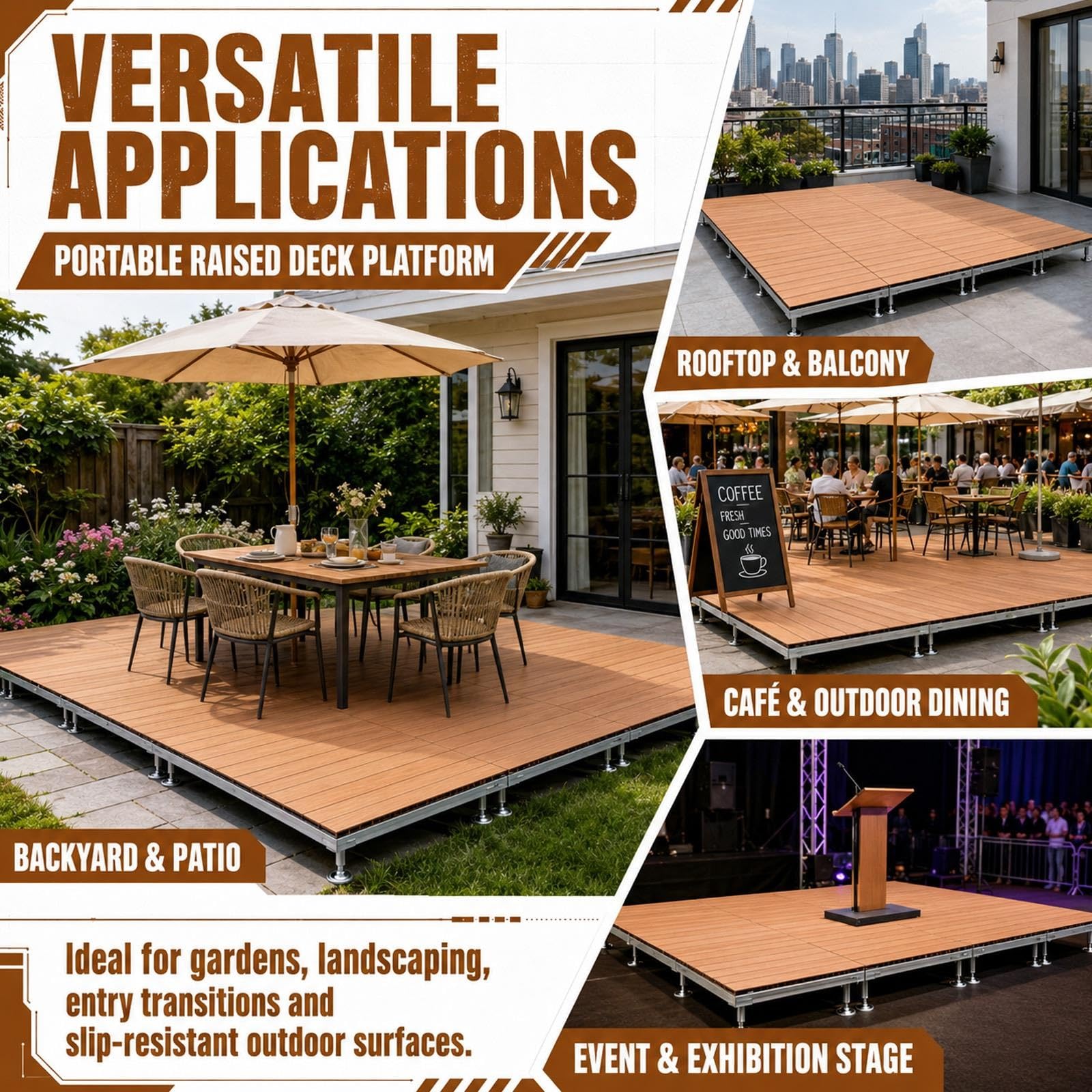 Piattaforma Rialzata In WPC Con Piastrelle In Composito Impermeabile | Modulare regolabile ad incastro per esterni, Pavimentazione per giardino, patio, prato(Light brown)