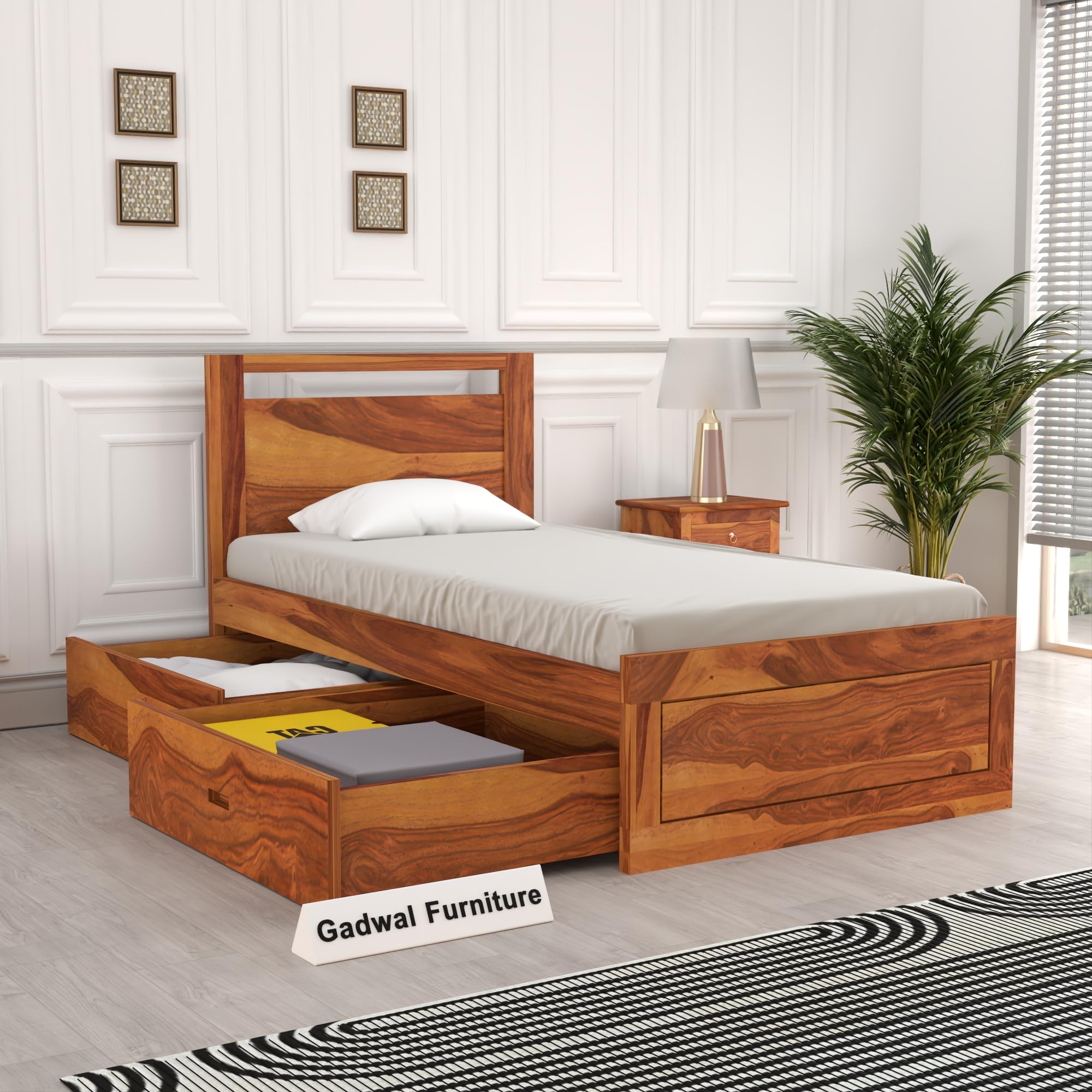 Solid Sheesham Wood Bed Henry (Honey, 6X4 Drawer)-image-35