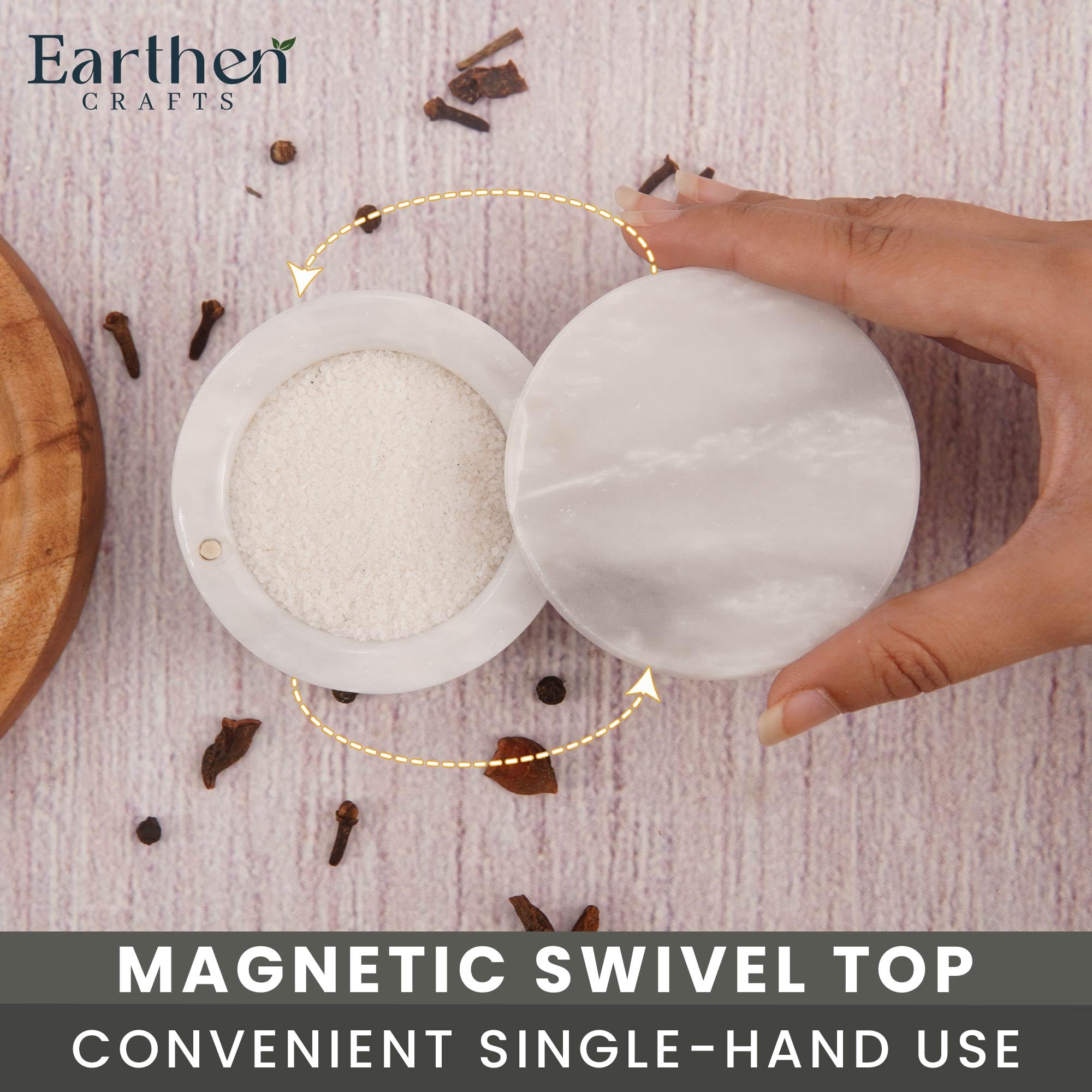 Saliera in marmo bianco da 7,6 cm, con coperchio, contenitore per sale con chiusura magnetica per bancone della cucina, contenitore per sale e spezie, barattoli per condimenti da tavola