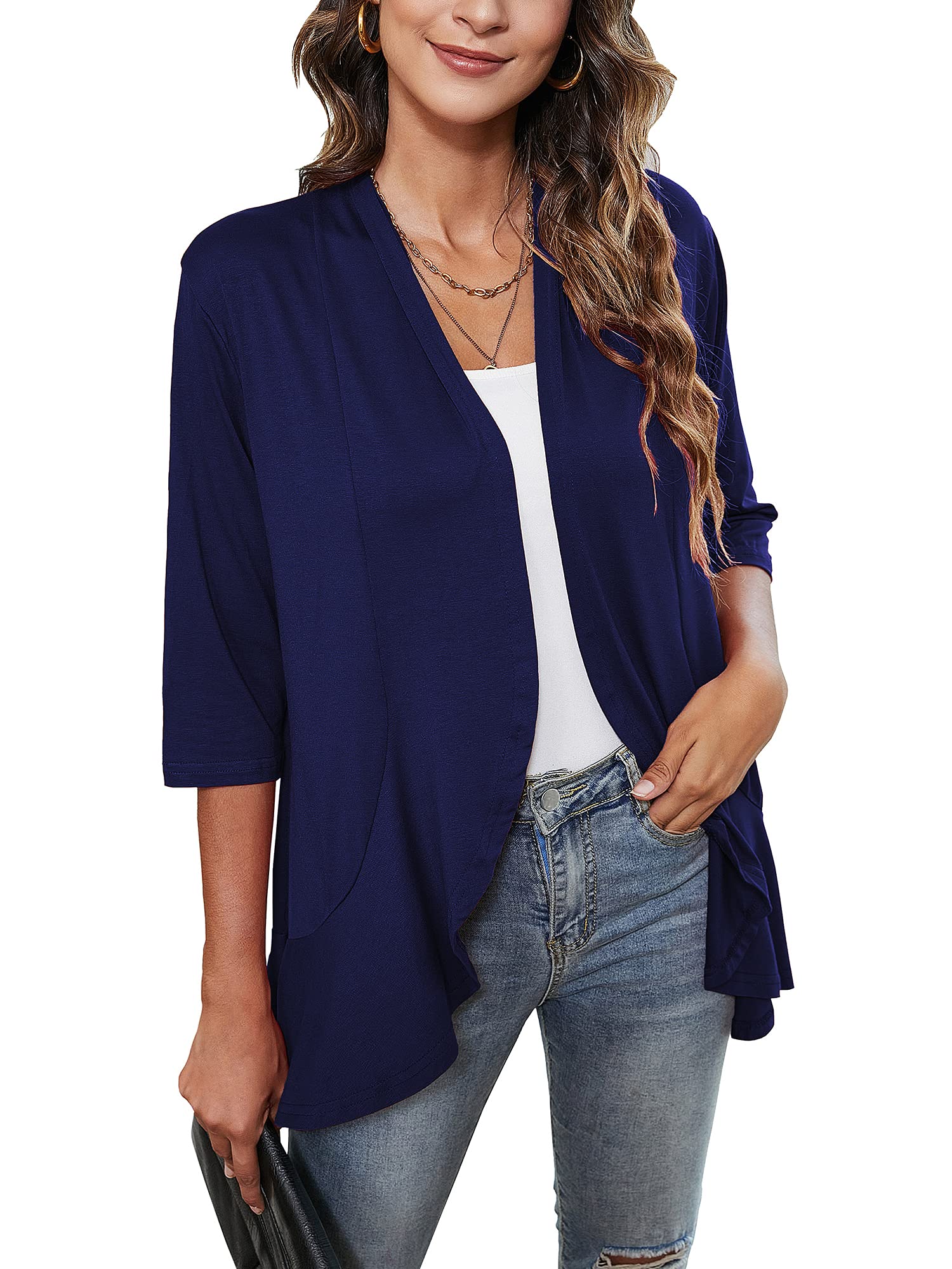 Chunoy Women Casual Lightweight Open Front Solid 3/4 Sleeve Kimono Cardigan
