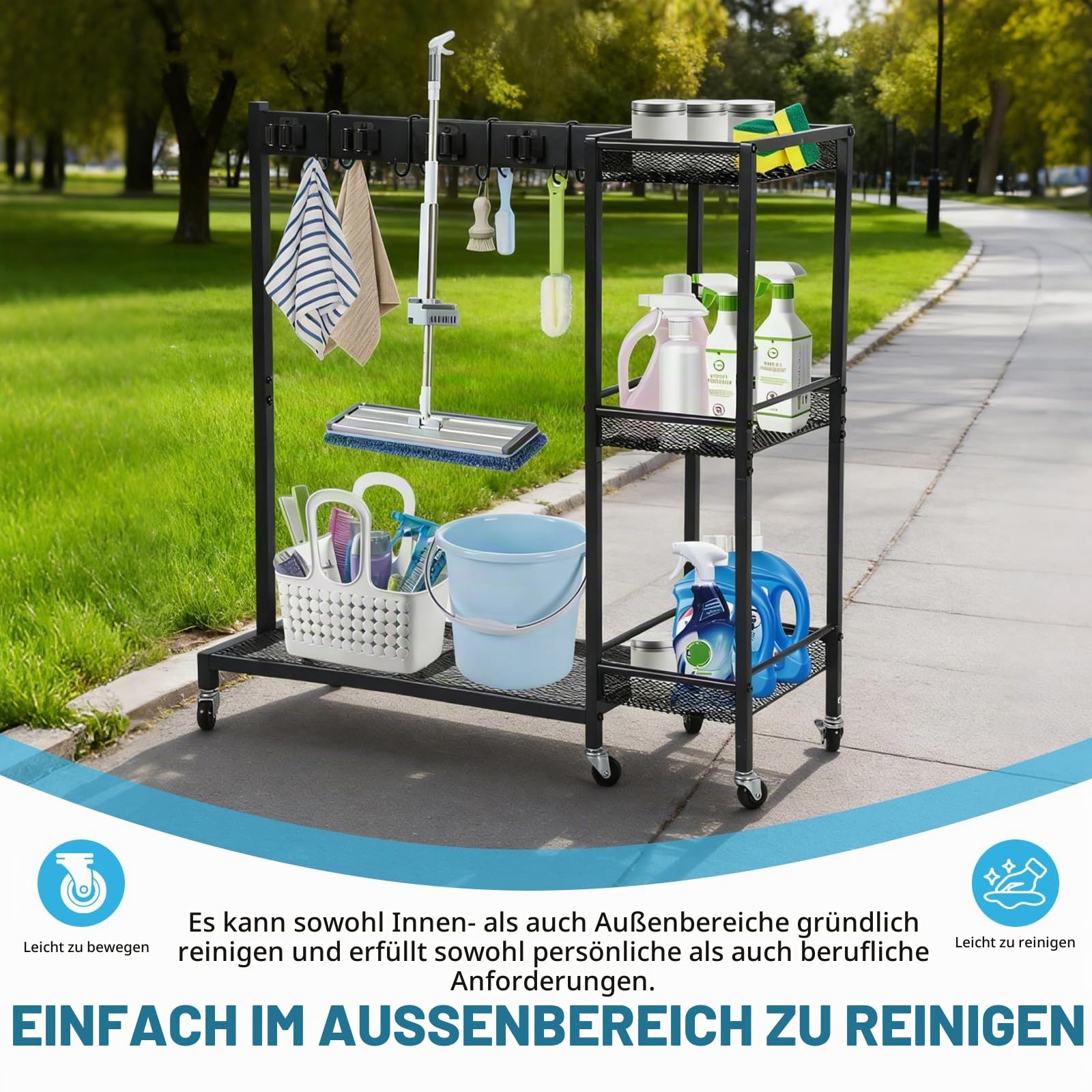 Reinigungswagen 85 × 62 × 30 cm – Mobiler Putzwagen mit Mopphalter & Besenhalter, 6 Räder mit 3 Bremse, 6 Gerätehalter & 2 Doppelhaken, 3 Ablagen – Haushalt & Reinigungstrolley