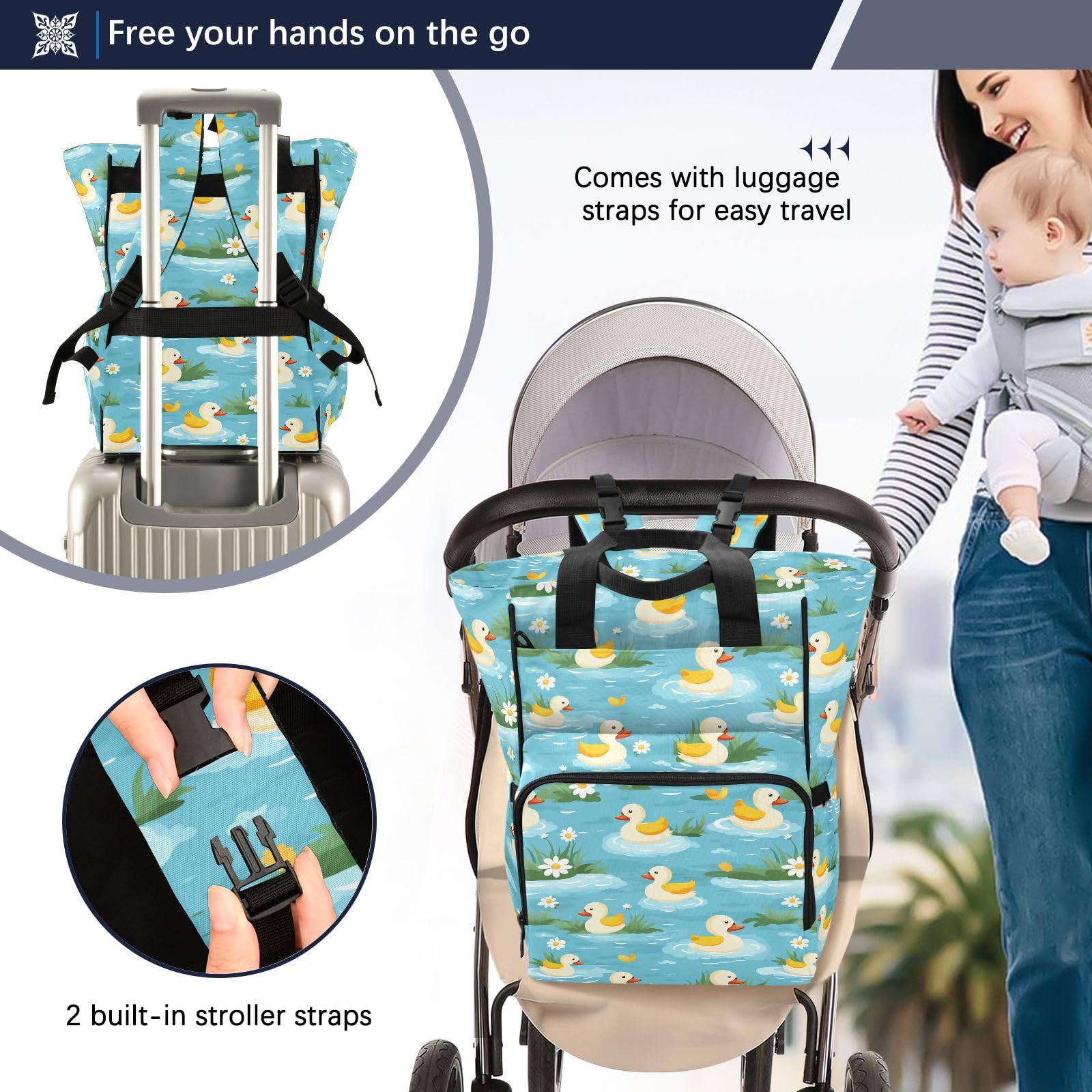 Mnsruu Anatra Nuoto Fiori Borsa Pannolino Del Bambino Zaino Grande Borsa Impermeabile Viaggio Pannolino Borse per Mamme E Papà