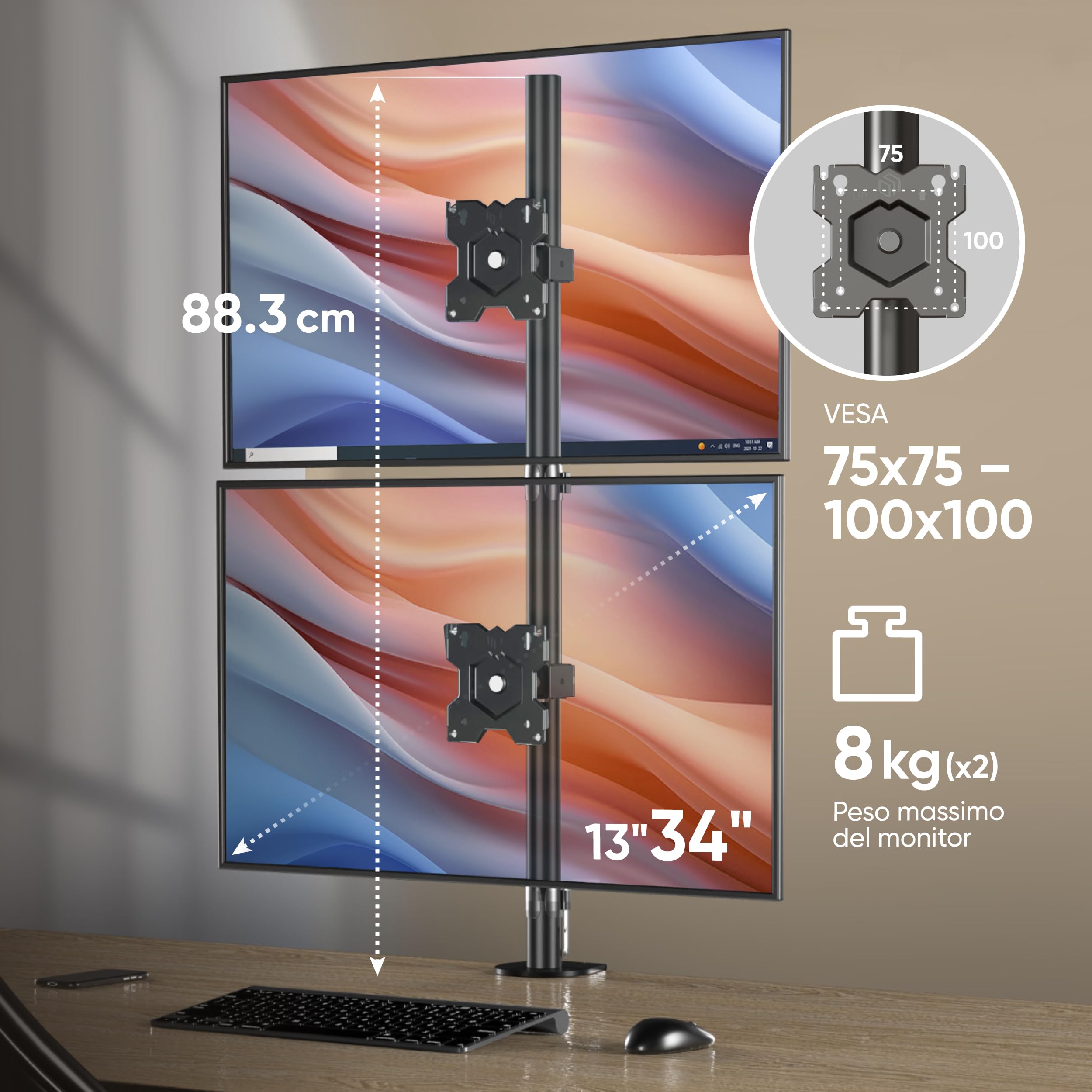 ONKRON Braccio Monitor Doppio 13-34 Pollici, Carico Totale 16 kg, VESA 75x75-100x100 mm, Supporto Monitor Scrivania con Orientamento Verticale e Orizzontale, Rotazione 360°, Girevole, Nero D208E-B
