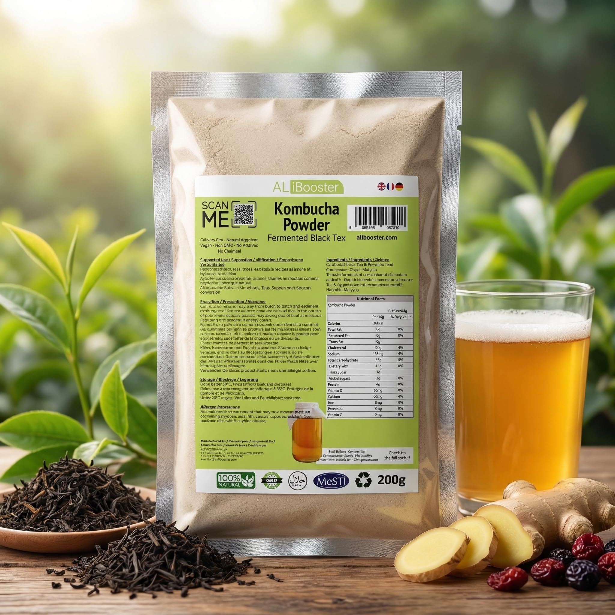 Extrait de thé noir fermenté Camellia sinensis Kombucha - Poudre 200g pur 100% naturel sans additif - Pour soupe, smoothies, café, boissons, pâtisseries