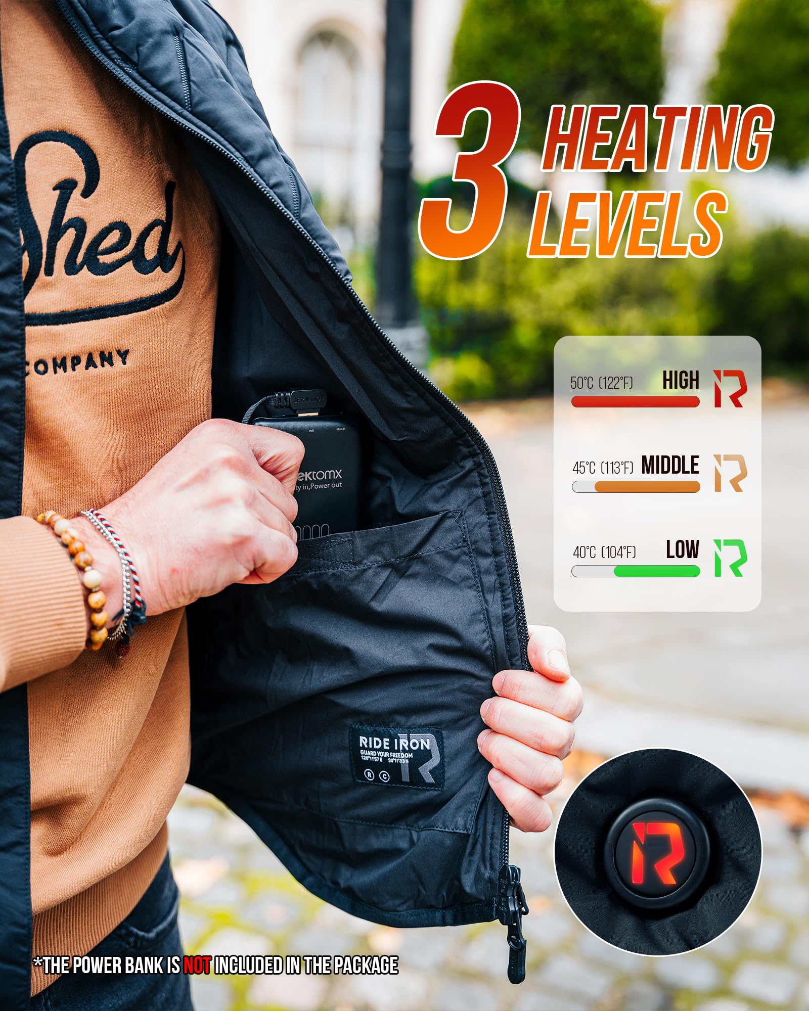 RIDEIRON Gilet Riscaldato Uomo | USB (Power Bank Escluso) | Nano-Film Carbonio | 3-Zone Calore (Petto/Schiena) | Lavabile | Moto & Outdoor
